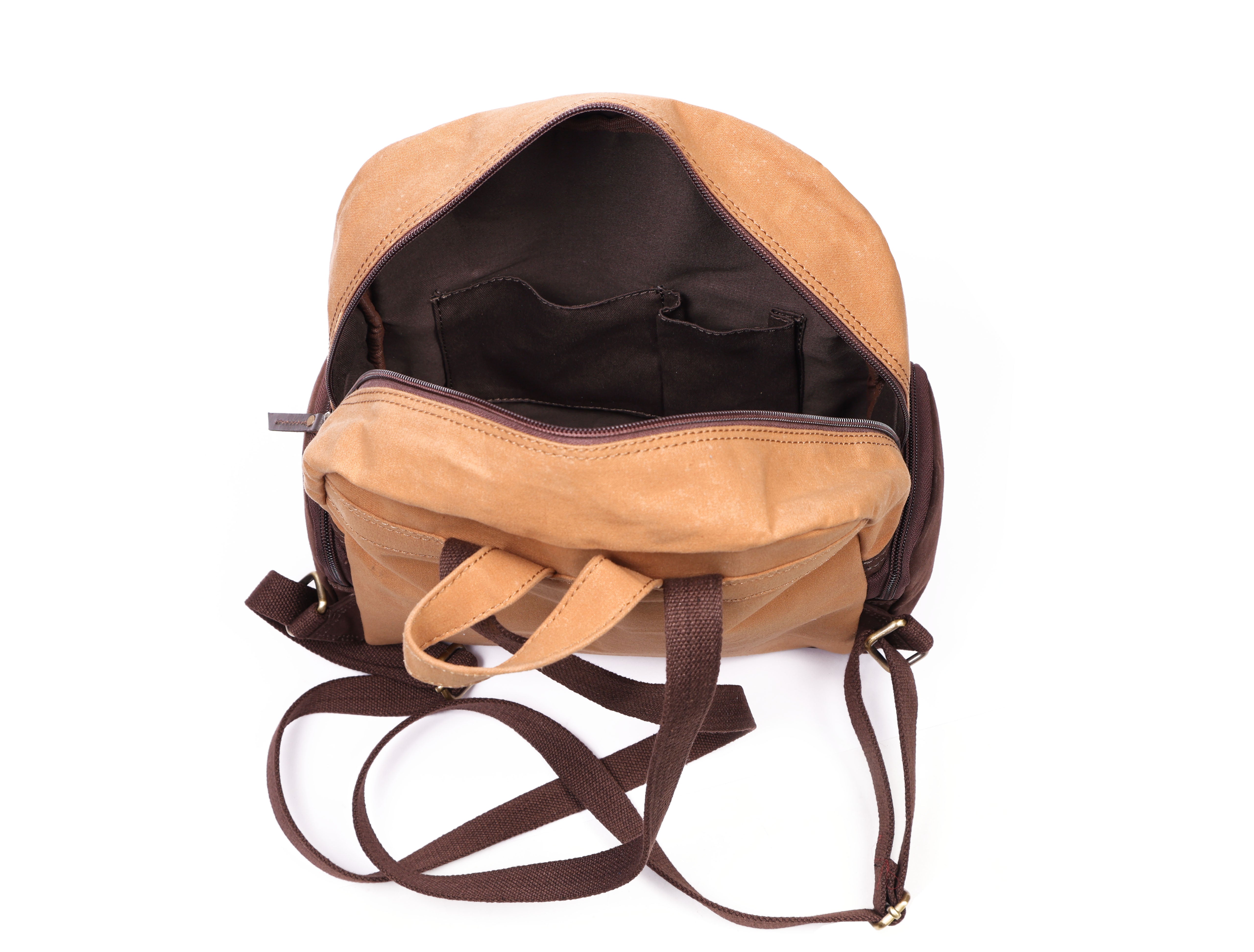 Premium Genuine  Leather & Canvas Mini Backpack with Multi Zip Pockets & Adjustable Straps