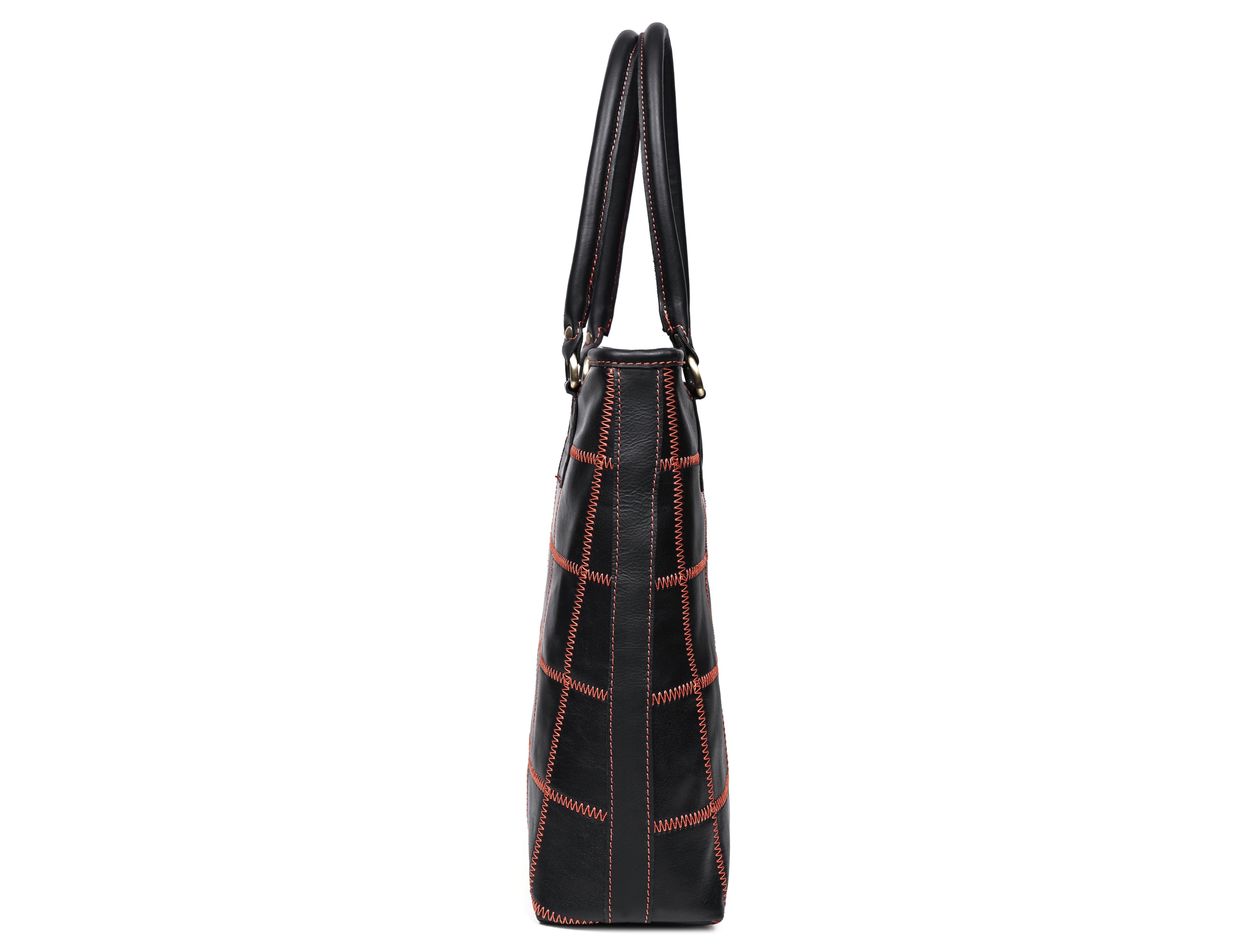 Women's Black Leather Tote Bag with Orange Stitch Grid and Spacious Interior