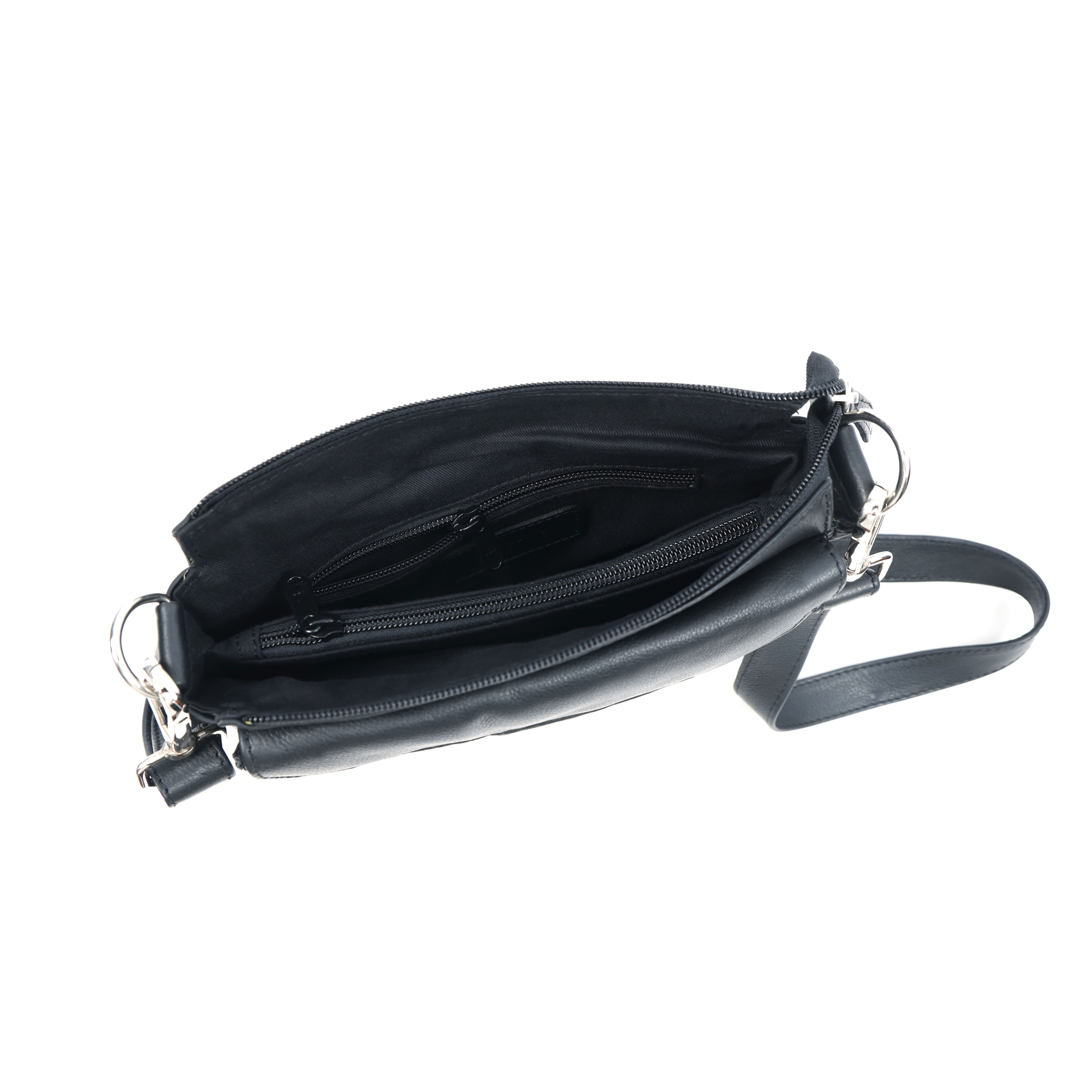 Premium Black Leather Compact Crossbody Bag with Adjustable Strap & Zip Compartments
