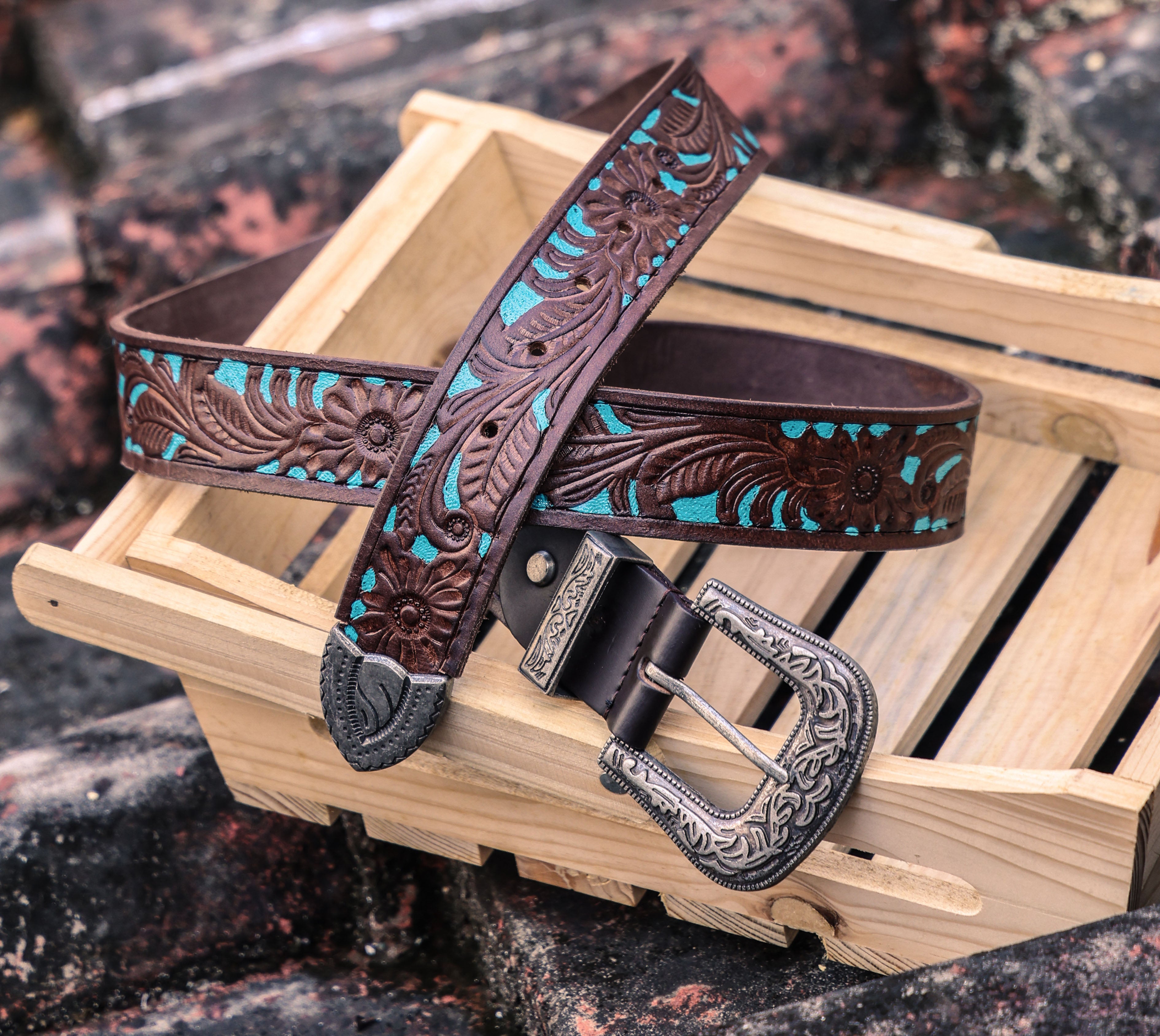 Brown and Blue Hand Tooled Leather Belt with a Designer Buckle. Art L CELTICINDIA