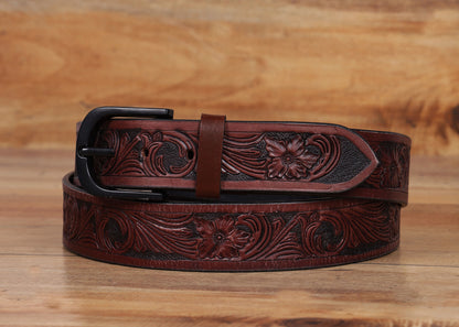 "Bespoke Elegance: Brown Hand Carving Leather Belt for Timeless Style" Art: LB-807