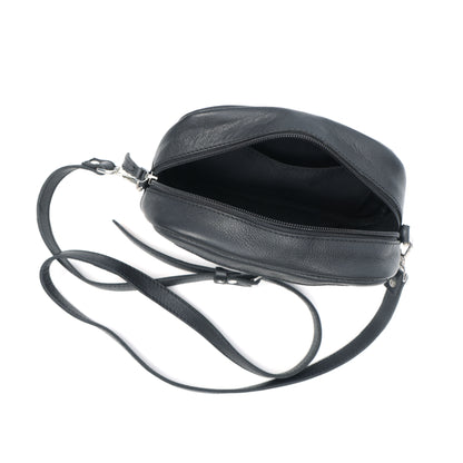 Premium Black Leather Compact Crossbody Bag with Adjustable Strap & Zip Compartments