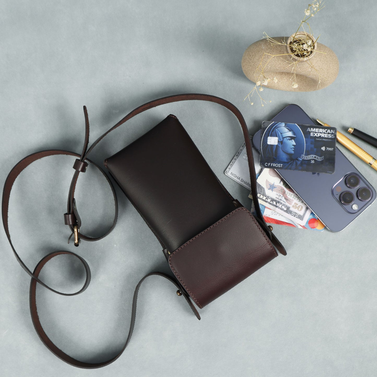 Genuine Leather Mobile Pouch with Fixed Sling – Hands-Free, Stylish & Durable. LA-1427