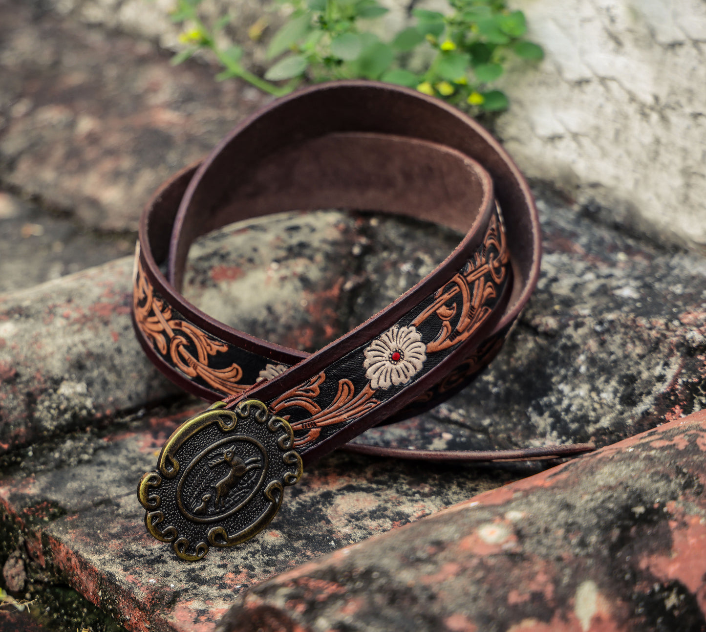 Artisan Brown Leather Tooling Belt: Animal-Inspired Buckle and Floral Accents. - CELTICINDIA