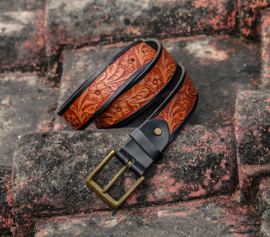 Premium Hand-Made Brown and Black Tooling Belt with Brass Antique Buckle. - CELTICINDIA