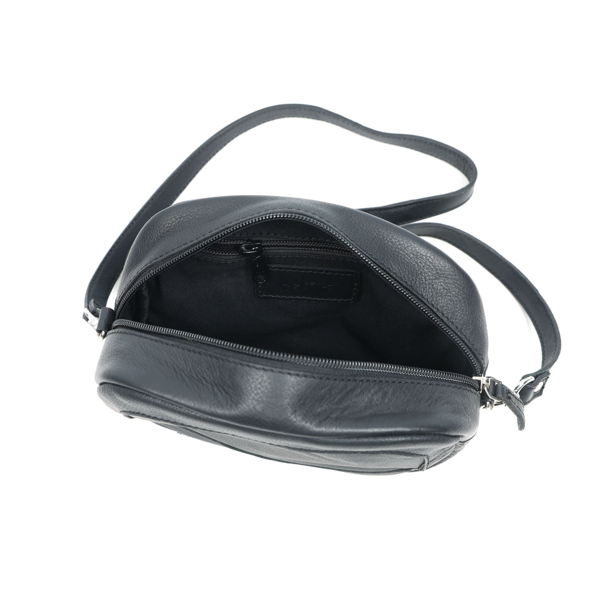 Premium Black Leather Compact Crossbody Bag with Adjustable Strap & Zip Compartments