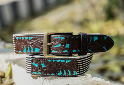 Artisan Elegance:  Leather Hand-Tooled and Webbing Belt. Art: LB-825