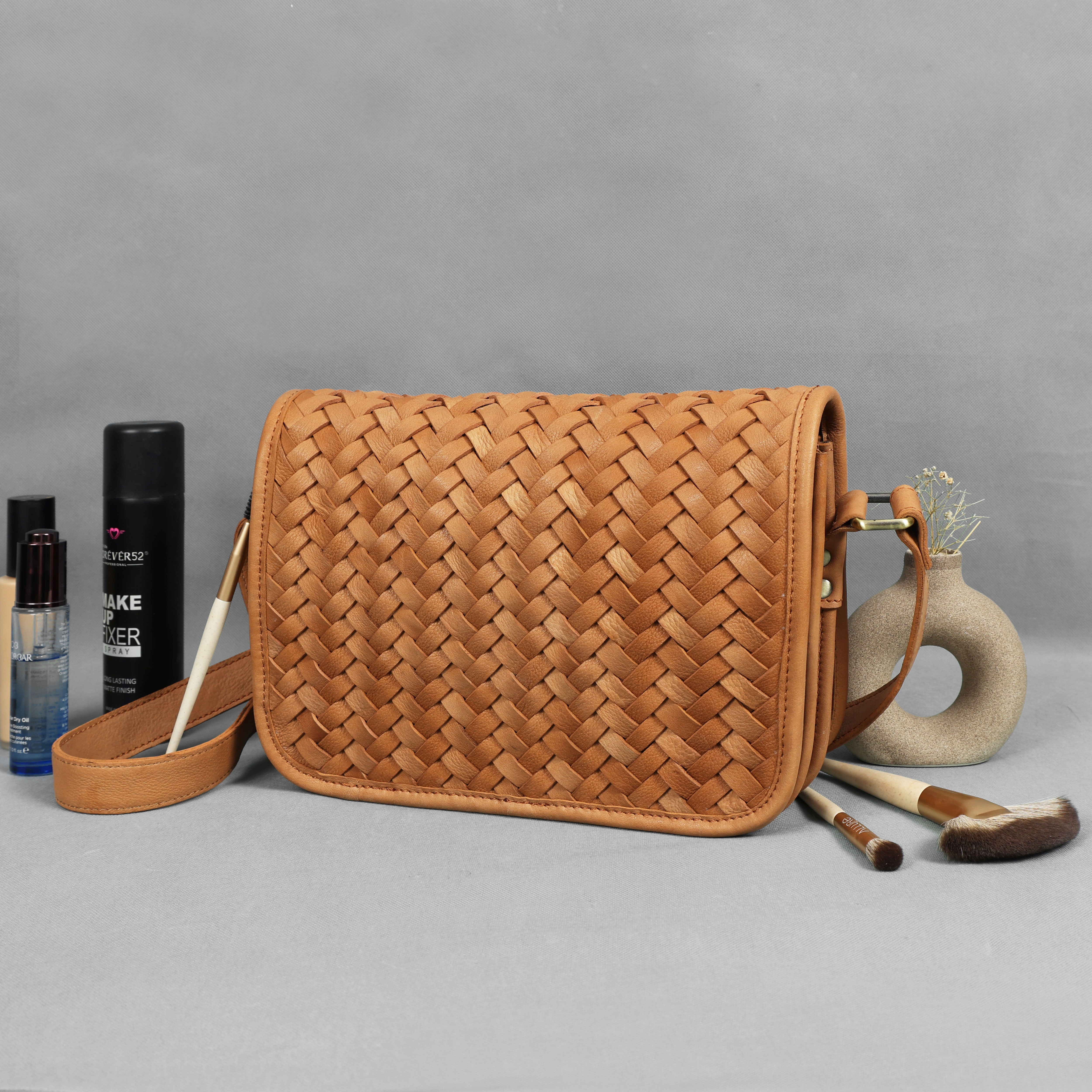 Premium Handwoven Leather Crossbody Bag with Zip Closure & Adjustable Strap