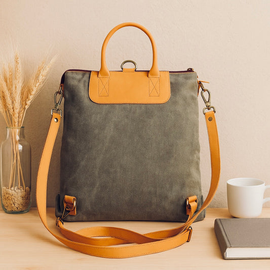 Premium Genuine Leather& Canvas Convertible Backpack Tote with Zip Closure & Adjustable Strap