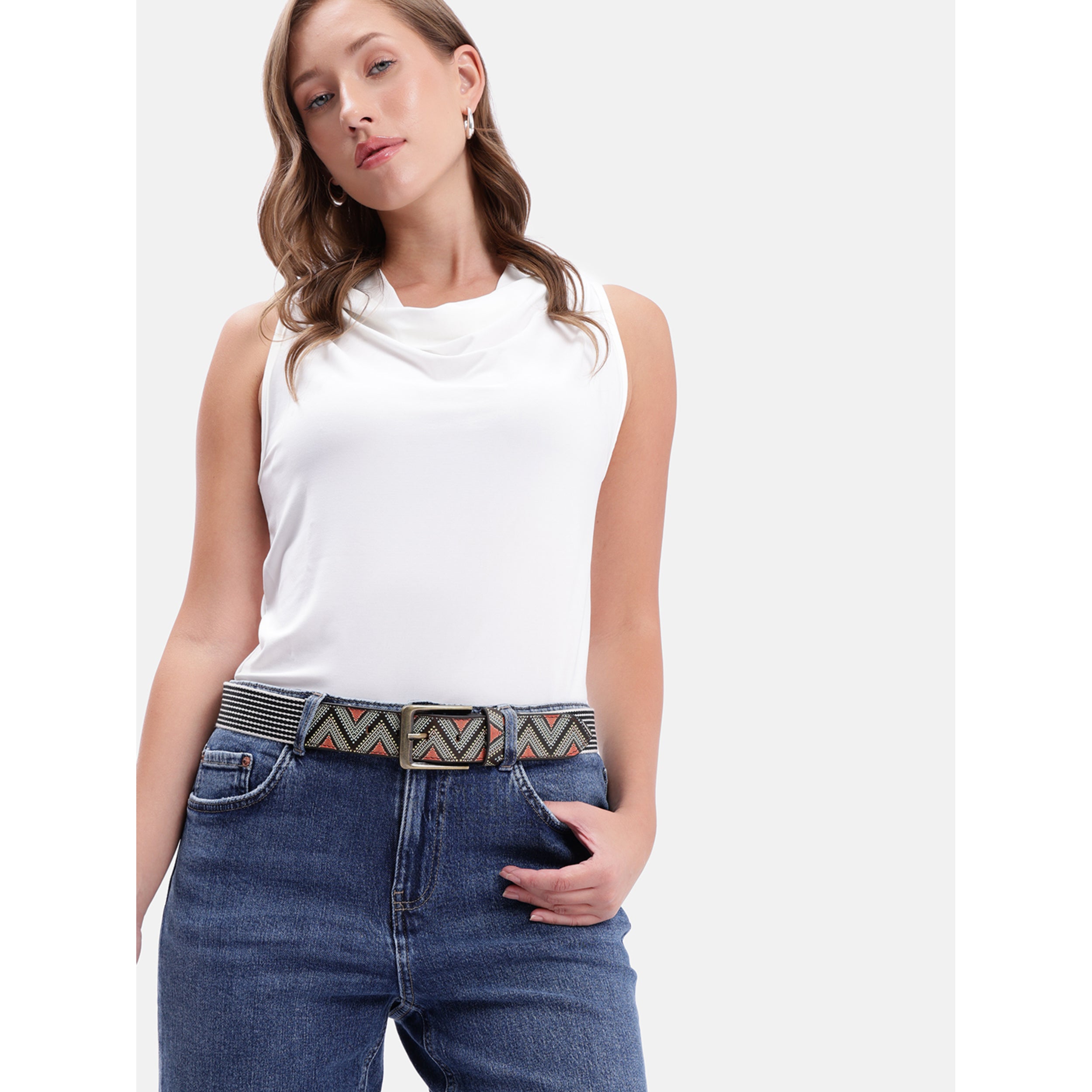 Unisex Genuine Leather Tribal Geometric Elastic Waist Accessory Antique Metal Buckle
