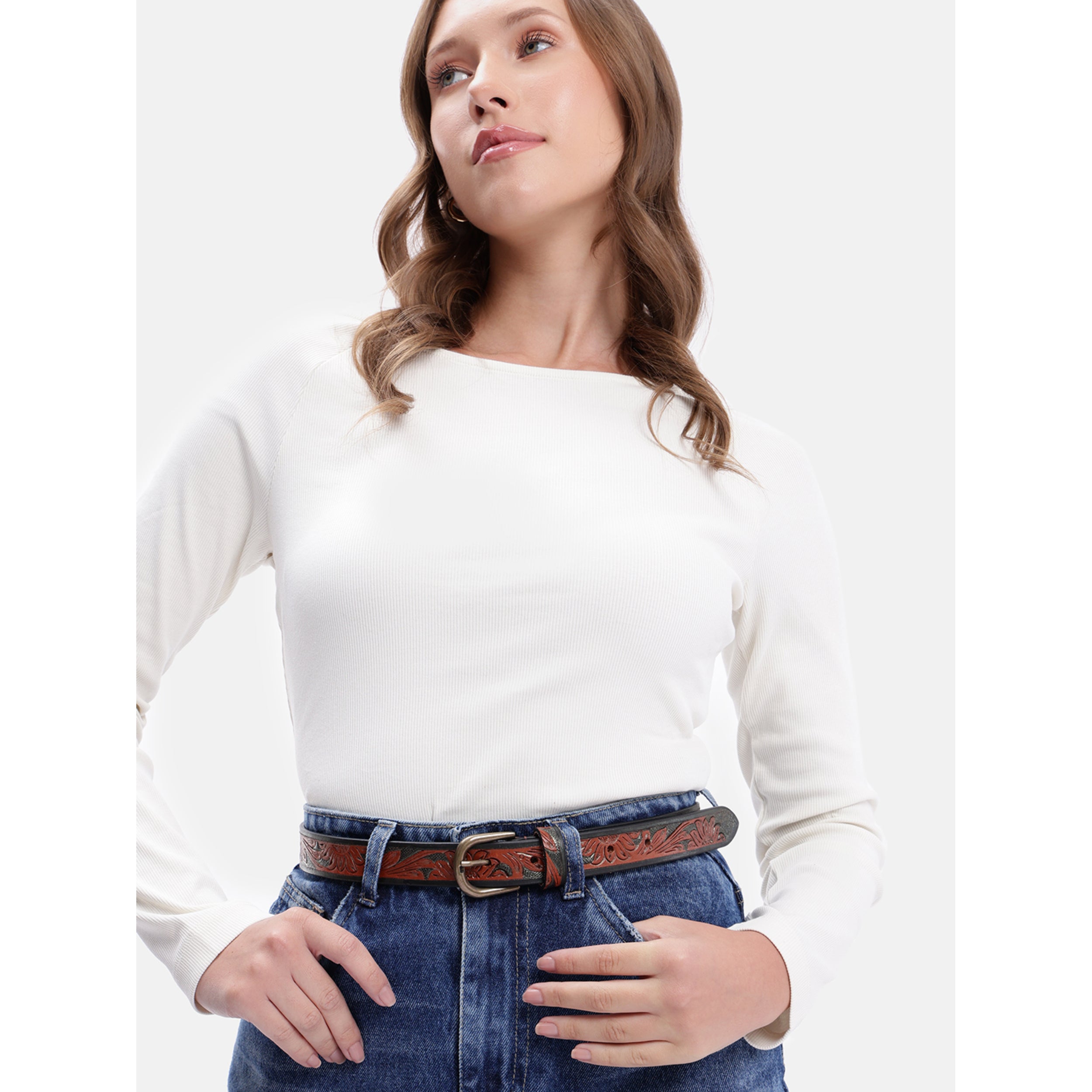 Unnisex Handcrafted Floral Embossed Leather Belt With Antique Brass Buckle For Casual Wear