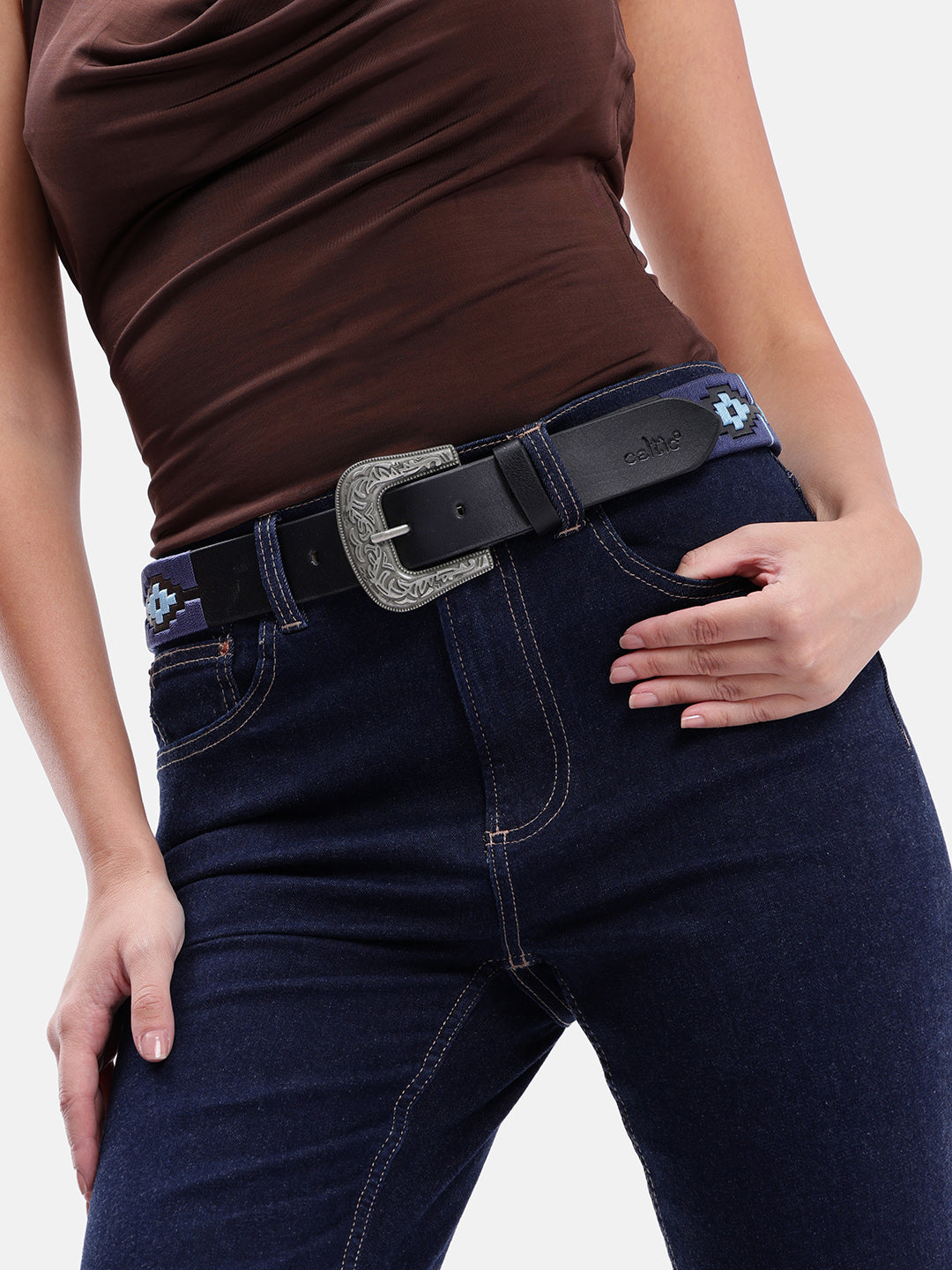 Unisex Handcrafted Leather Belt With Geometric Woven Pattern Antique Buckle Stylish Wear