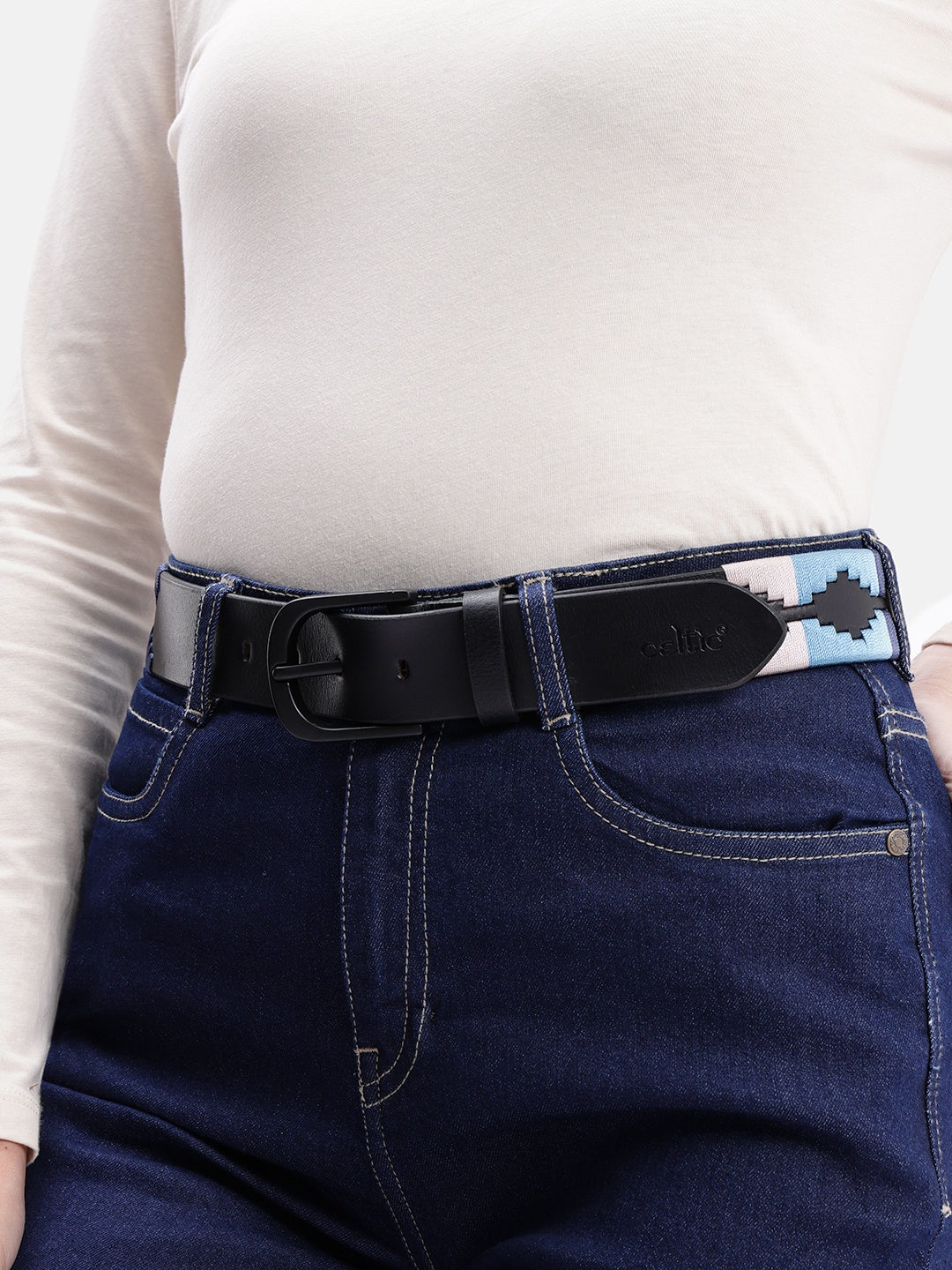 Unisex Handcrafted Leather Belt With Geometric Woven Fabric Accent And Vintage Metal Buckle