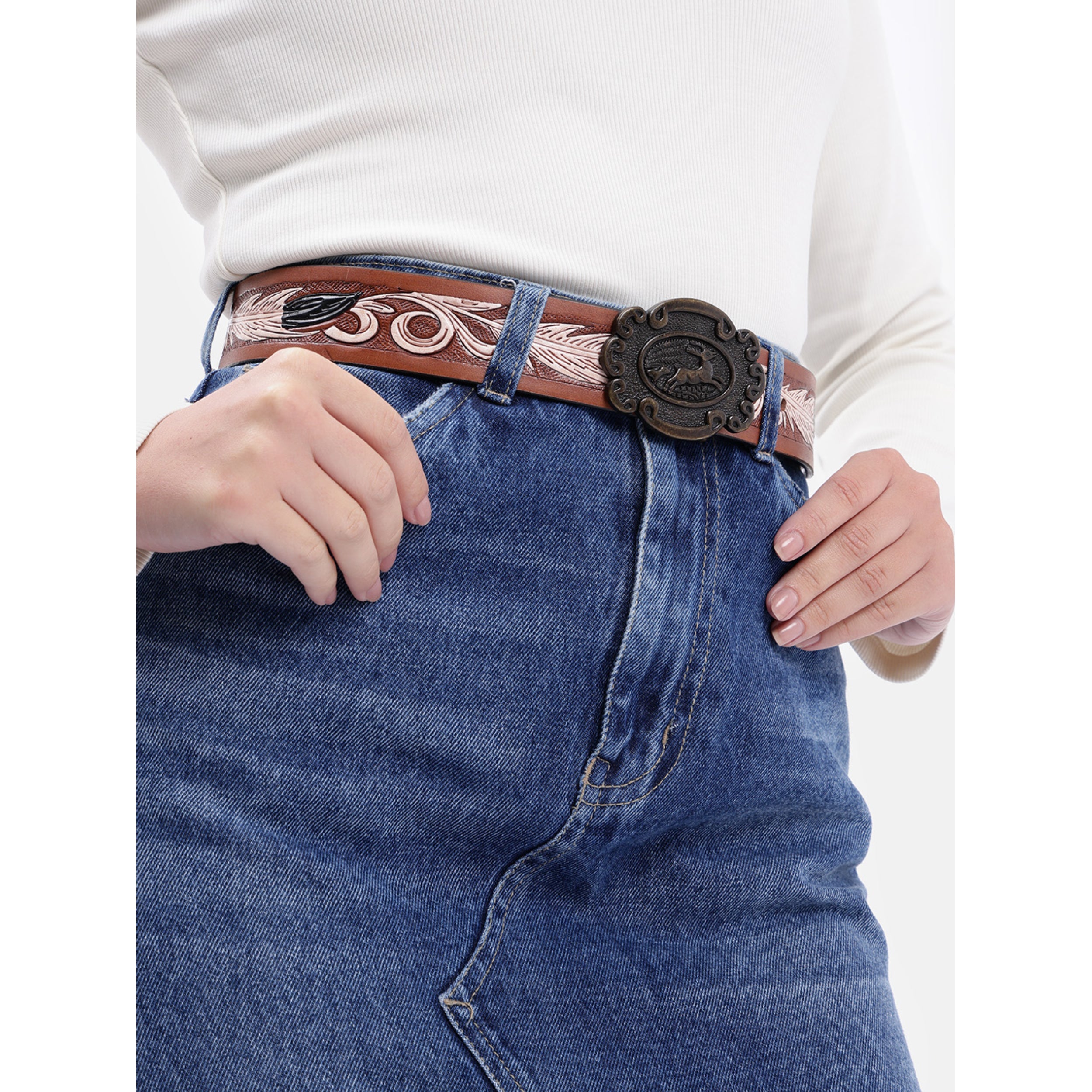 Unisex Genuine Leather Brown Feather Painted Western Waist Belt Antique Buckle Handmade
