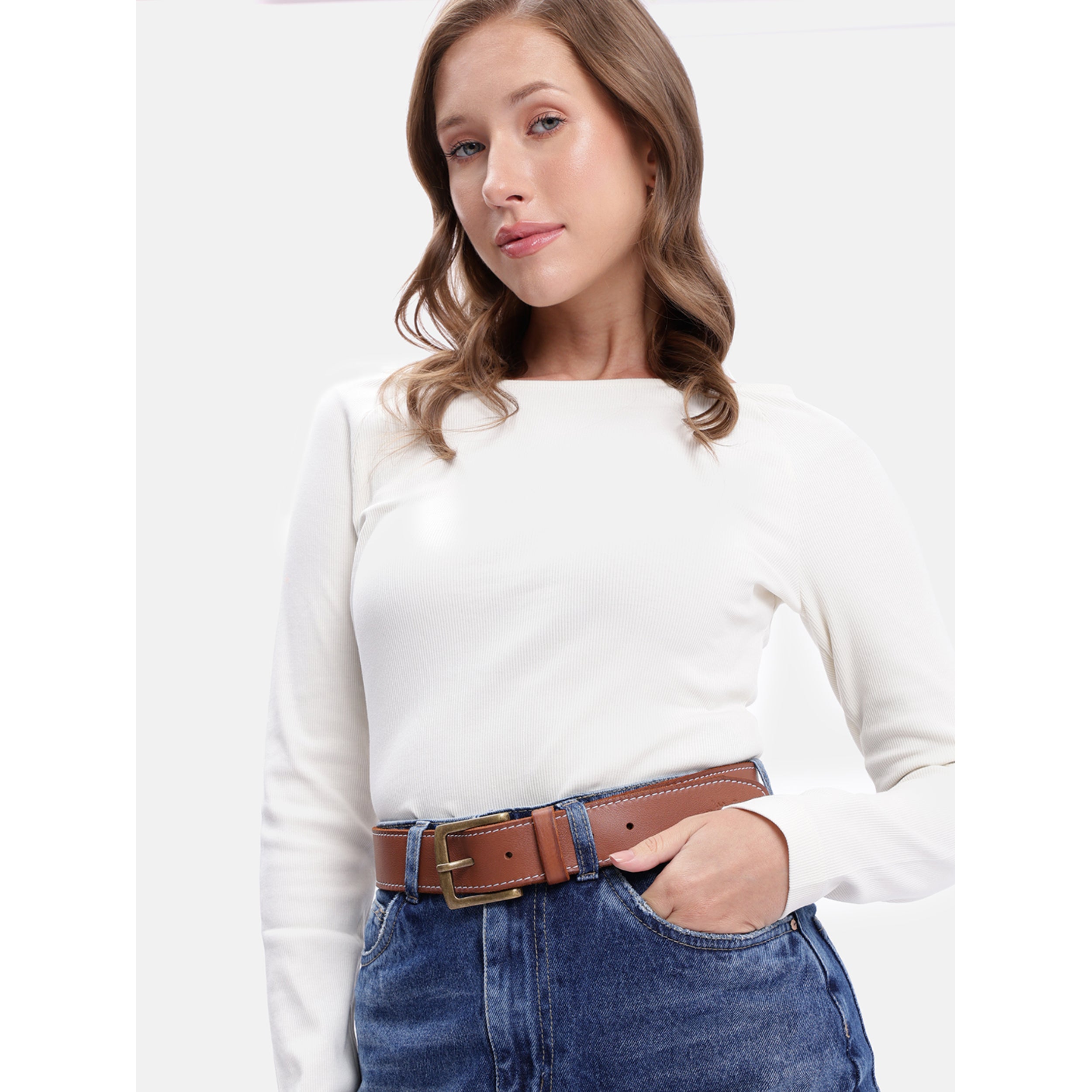 Women Genuine Leather Tan Belt Silver Buckle Contrast Stitching Casual Formal