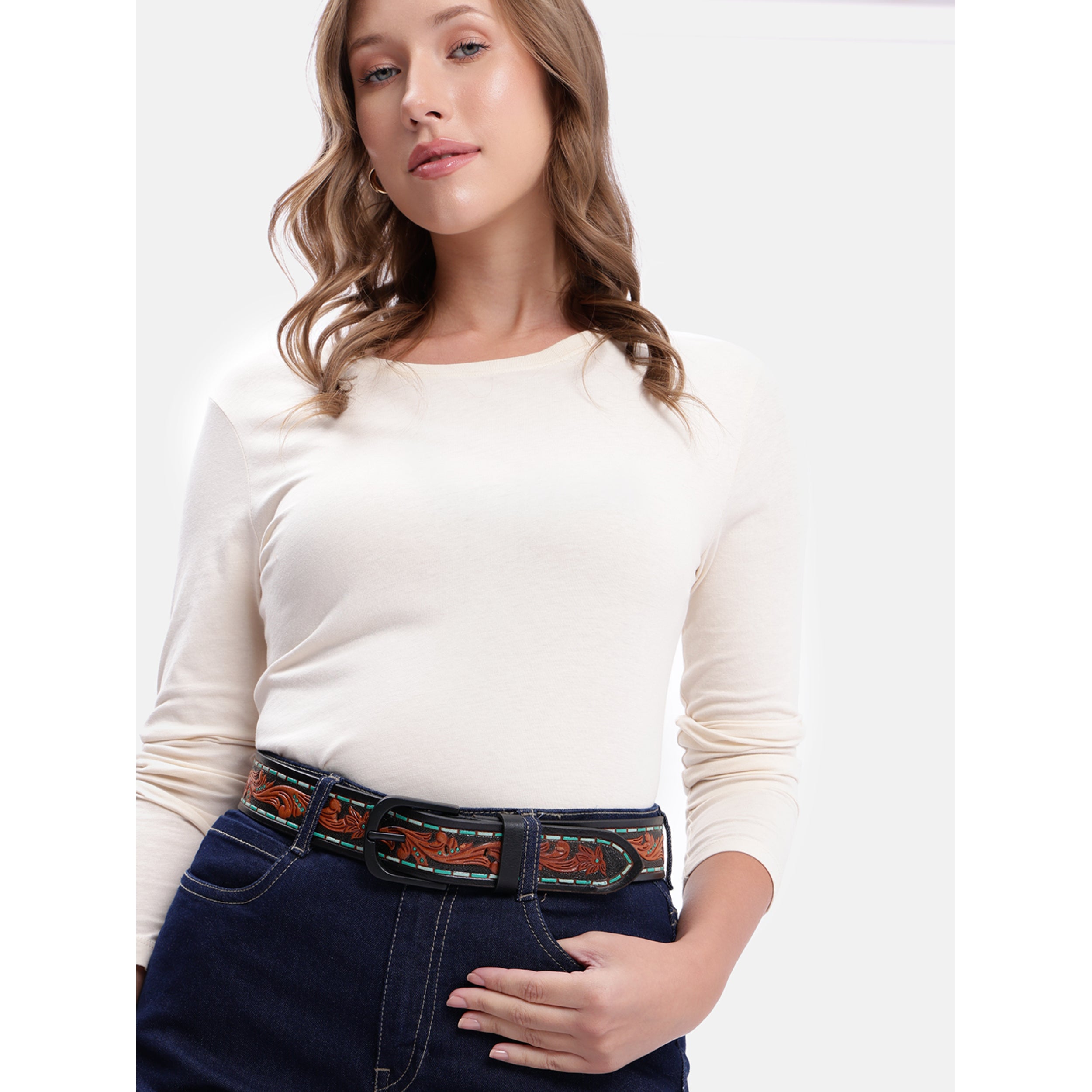 Unisex Genuine Leather Embossed Brown Turquoise Western Casual Waistbelt Matte Black Buckle