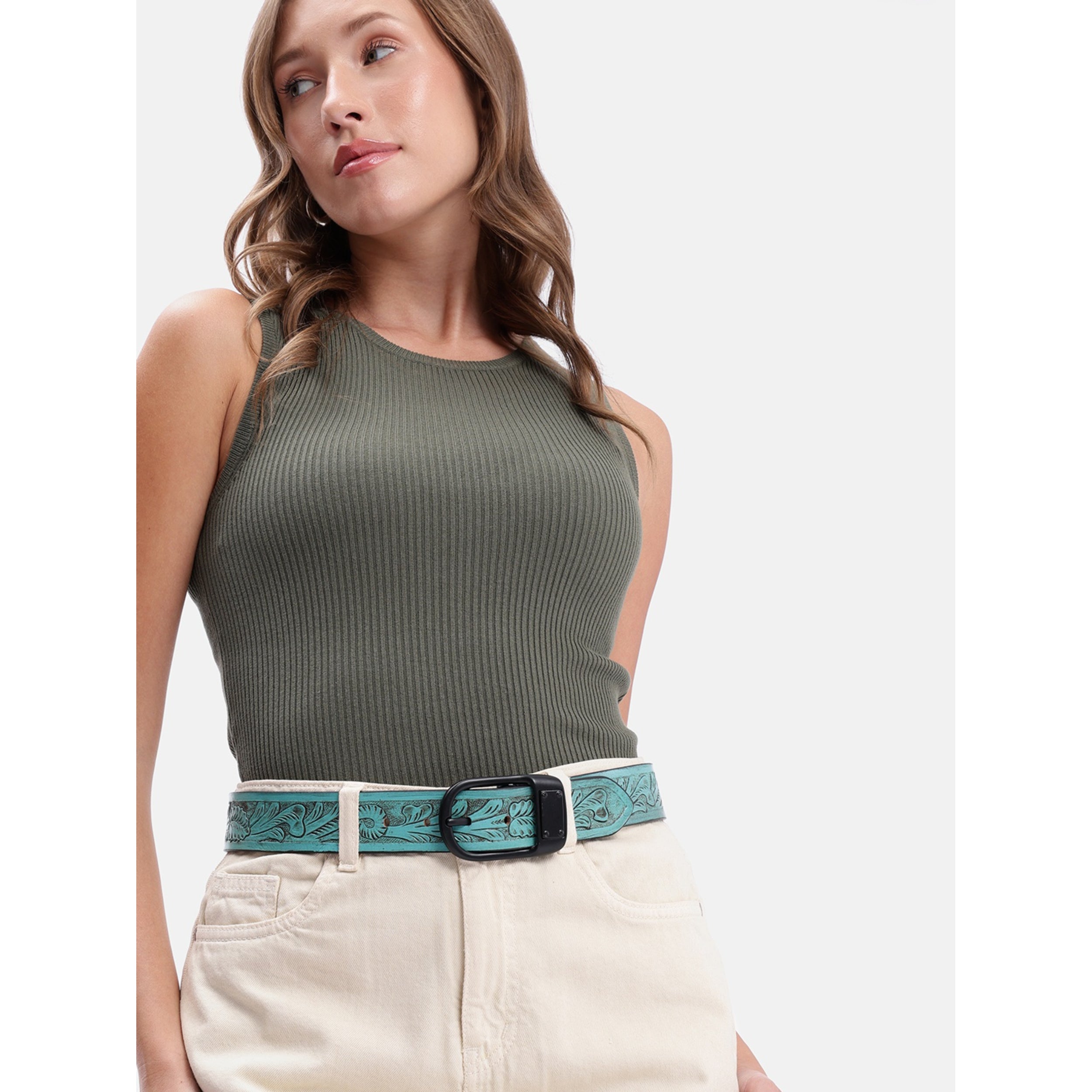 Unisex Genuine Leather Embossed Turquoise Floral Western Waist Accessory Black Buckle