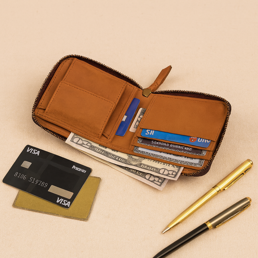 Premium Genuine Leather Zip-Around Compact Wallet