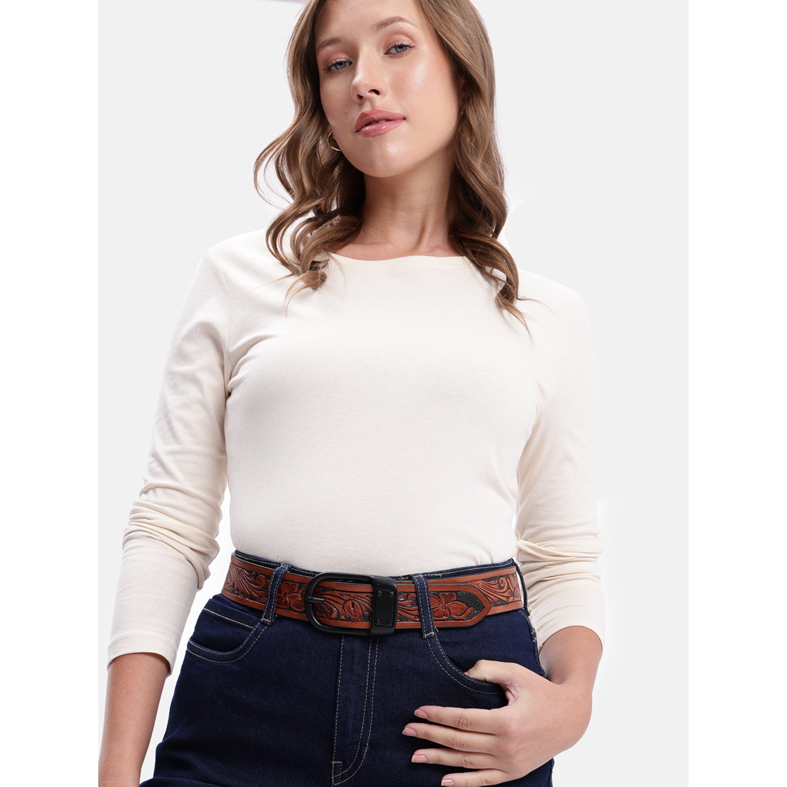Unisex Genuine Leather Brown Floral Tooled Western Waistbelt Matte Black Buckle