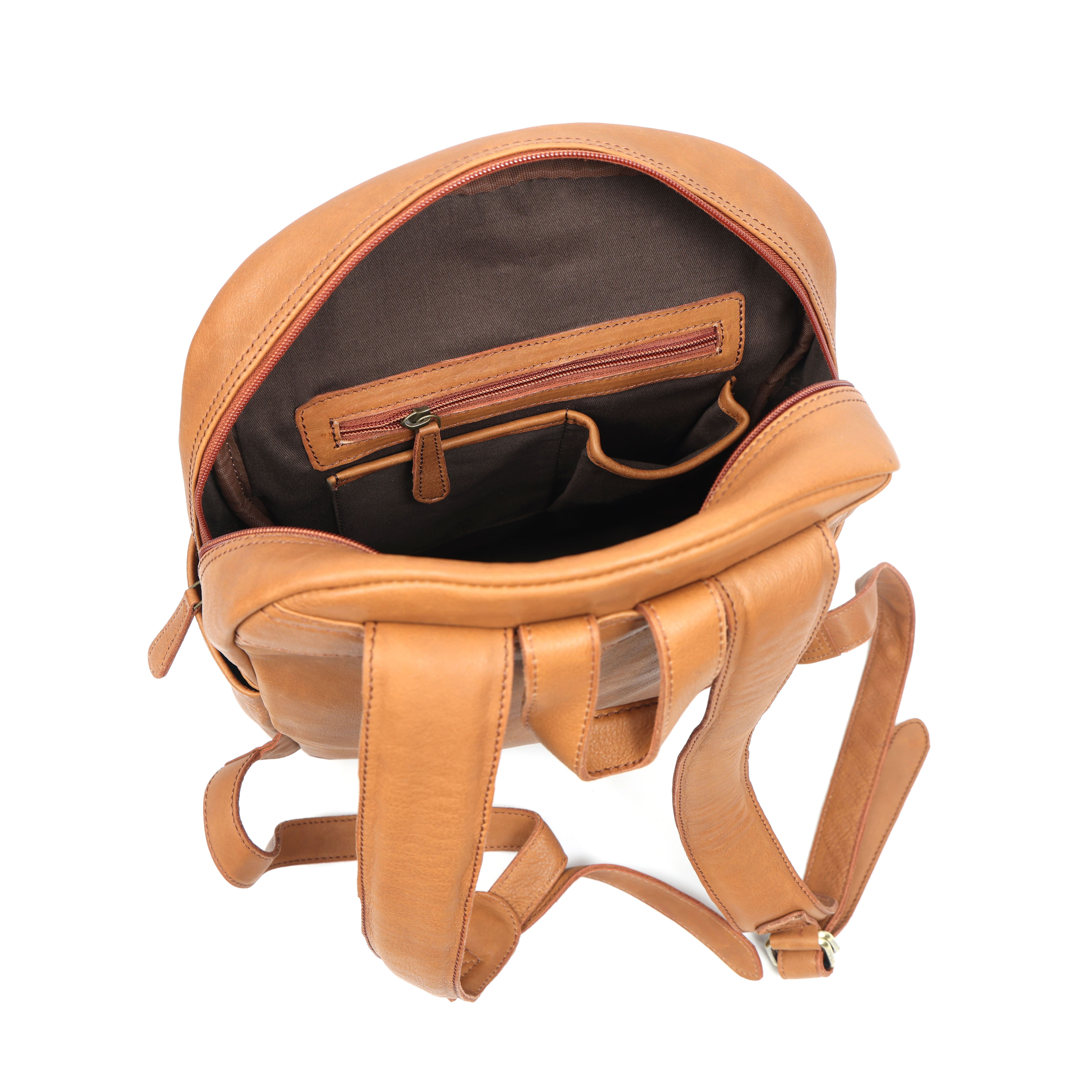 Premium Genuine Tan Leather Backpack with Multi Zip Pockets & Adjustable Straps