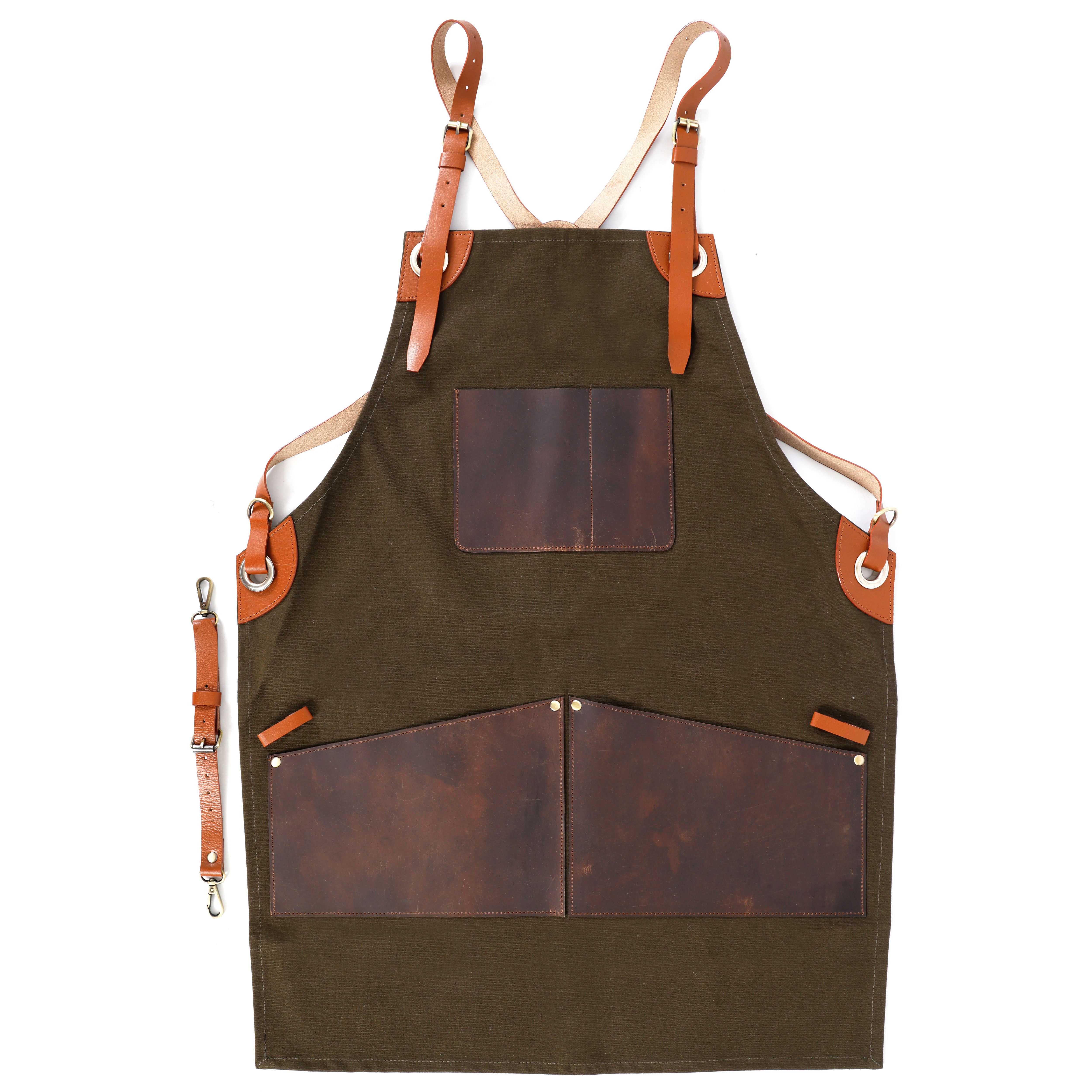 Premium Genuine Leather & Canvas Bib Apron – Brown & Green Buckle Design