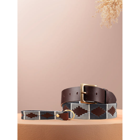 Unisex Handcrafted Brown Leather Belt With Grey Woven Inlay And Vintage Brass Buckle
