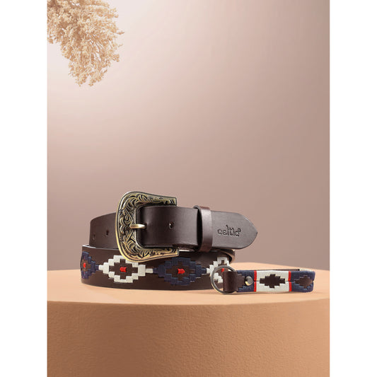 Unisex Handcrafted premium Leather Belt With Geometric Fabric Inlay And Antique Metal Buckle