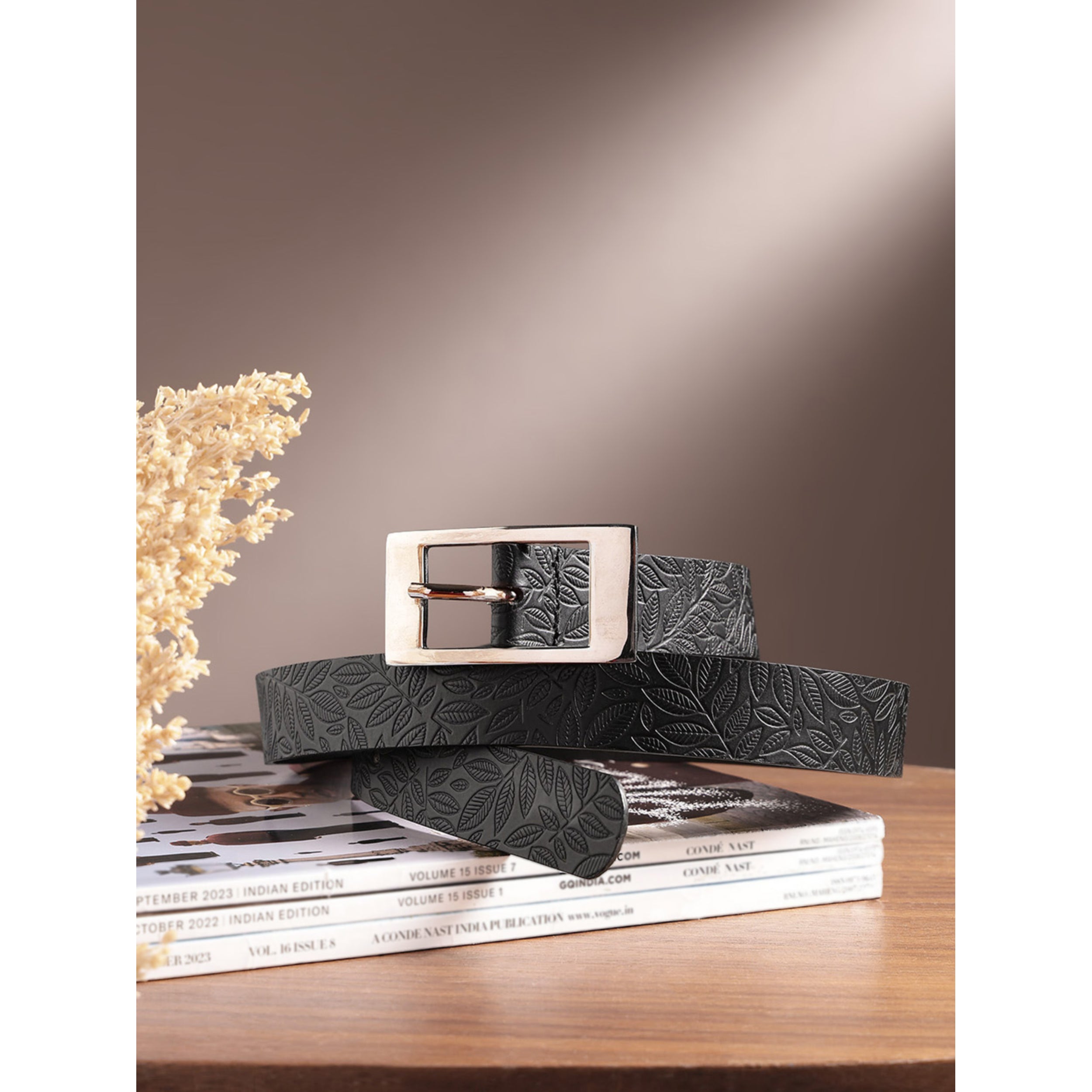 Unisex Black Embossed Leather Belt with Sleek Silver Buckle  Leaf Pattern Design
