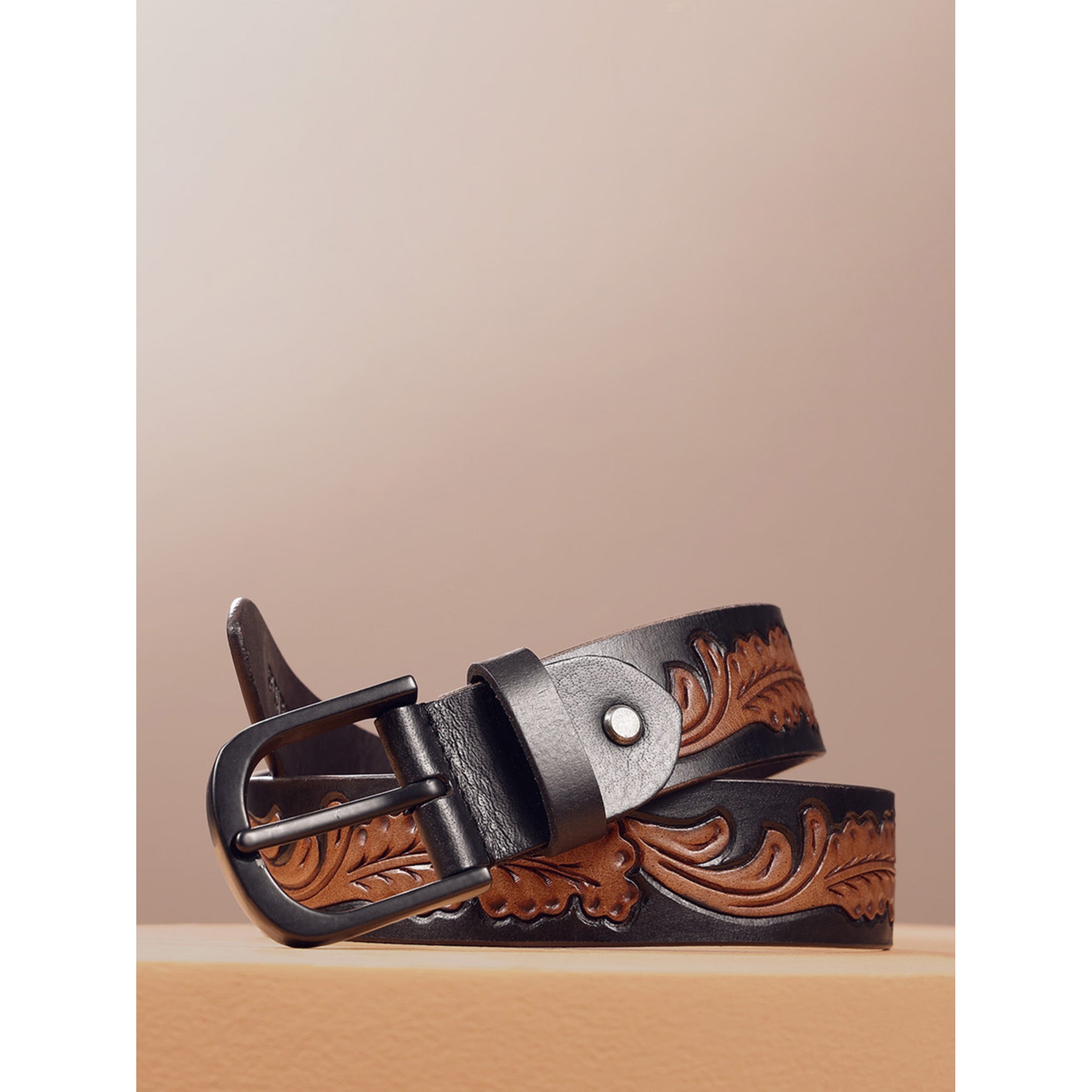 Premium  Black Leather Belt Featuring Carved Brown Leaf Pattern With Matte Buckle