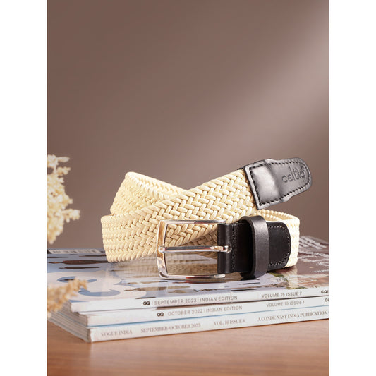 Unisex Woven Beige Belt With Black Leather Tip Silver Buckle Casual Formal Wear