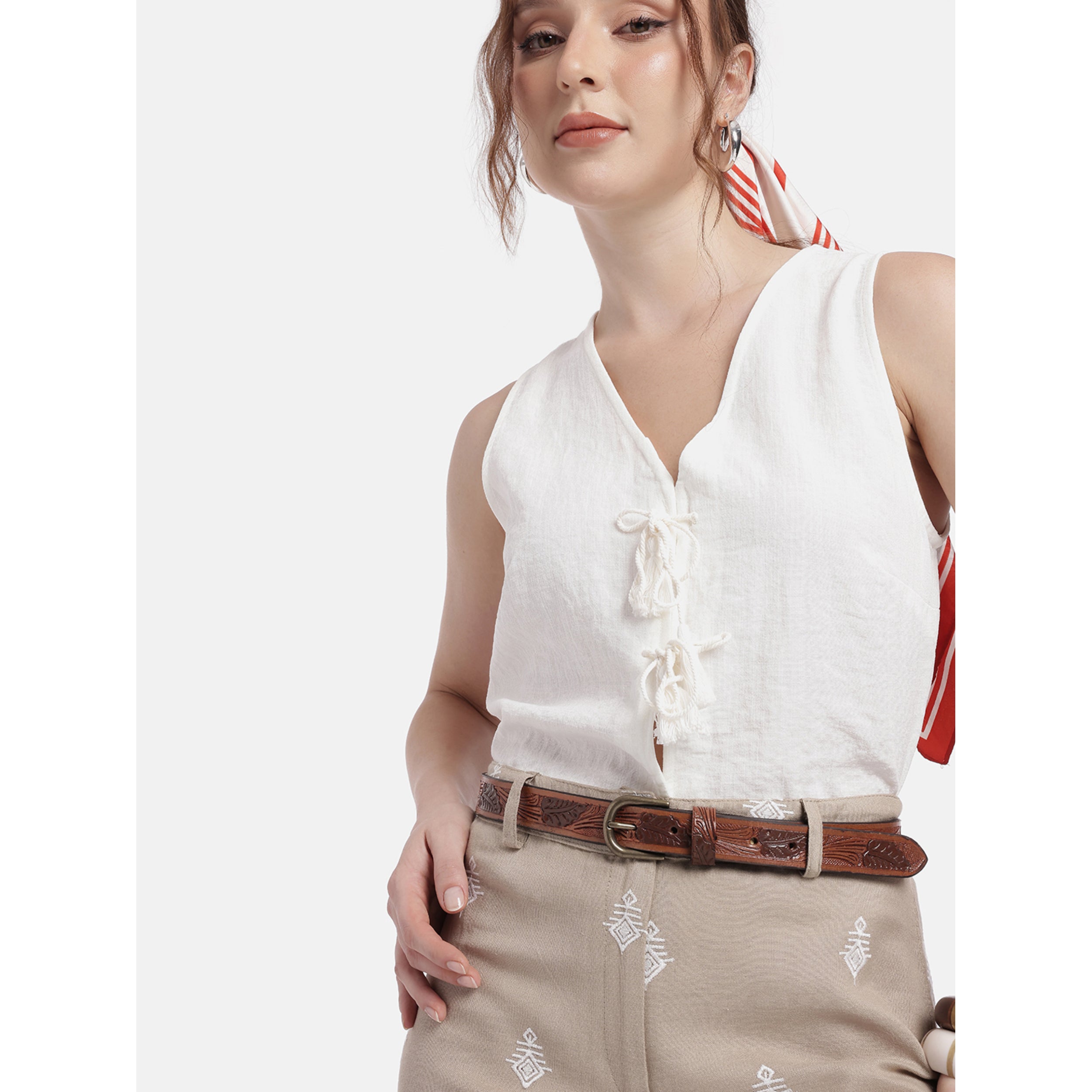 Premium Genuine Leather Red Leaf Embossed Western Casual Waistbelt Silver Buckle
