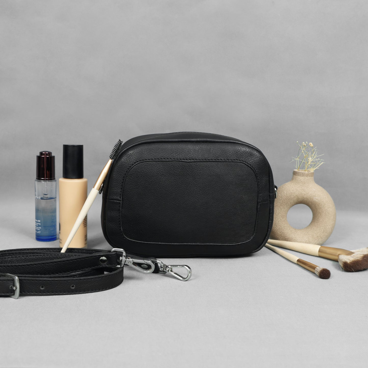Premium Black Leather Compact Crossbody Bag with Adjustable Strap & Zip Compartments