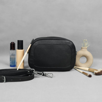 Premium Black Leather Compact Crossbody Bag with Adjustable Strap & Zip Compartments