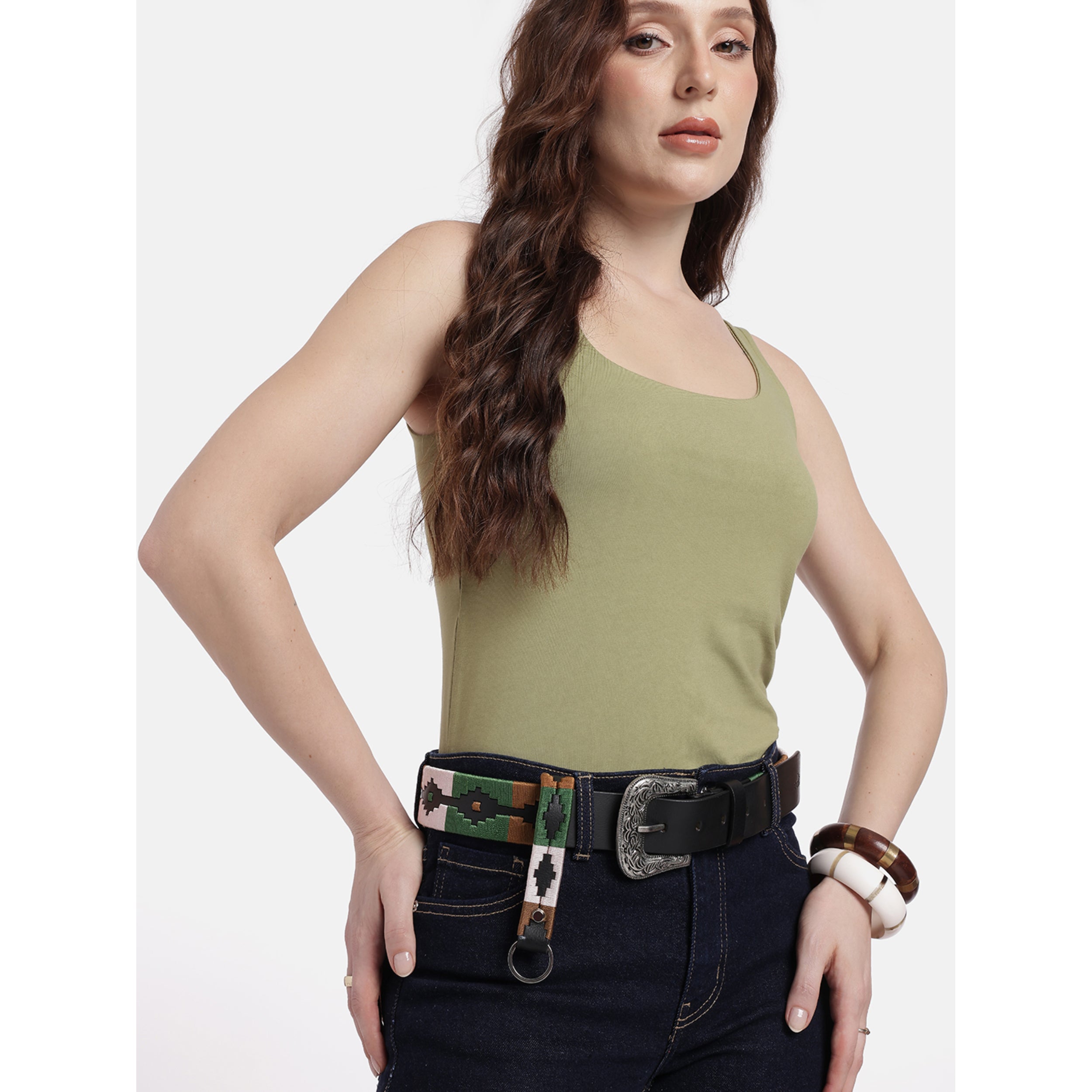 Unisex Handcrafted Leather Belt With Woven Aztec Pattern Antique Buckle For Men