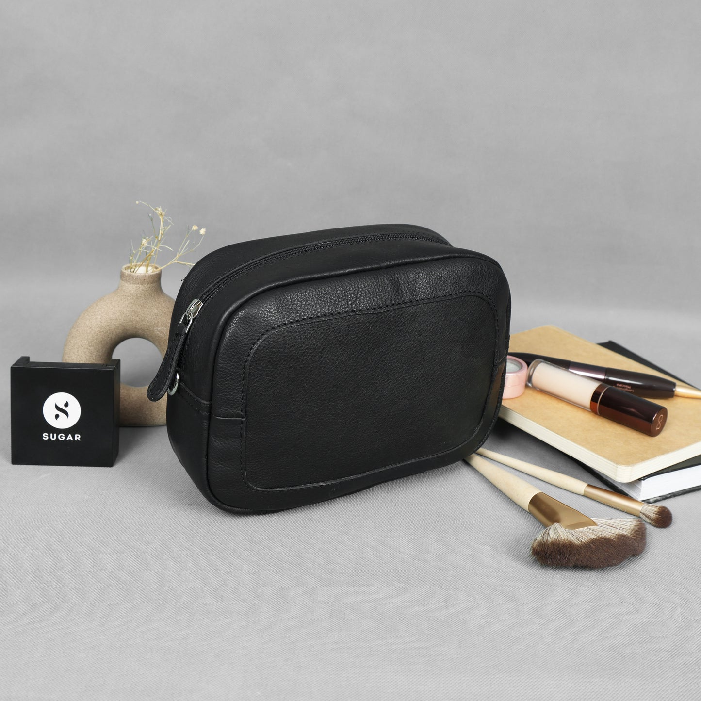 Premium Black Leather Compact Crossbody Bag with Adjustable Strap & Zip Compartments