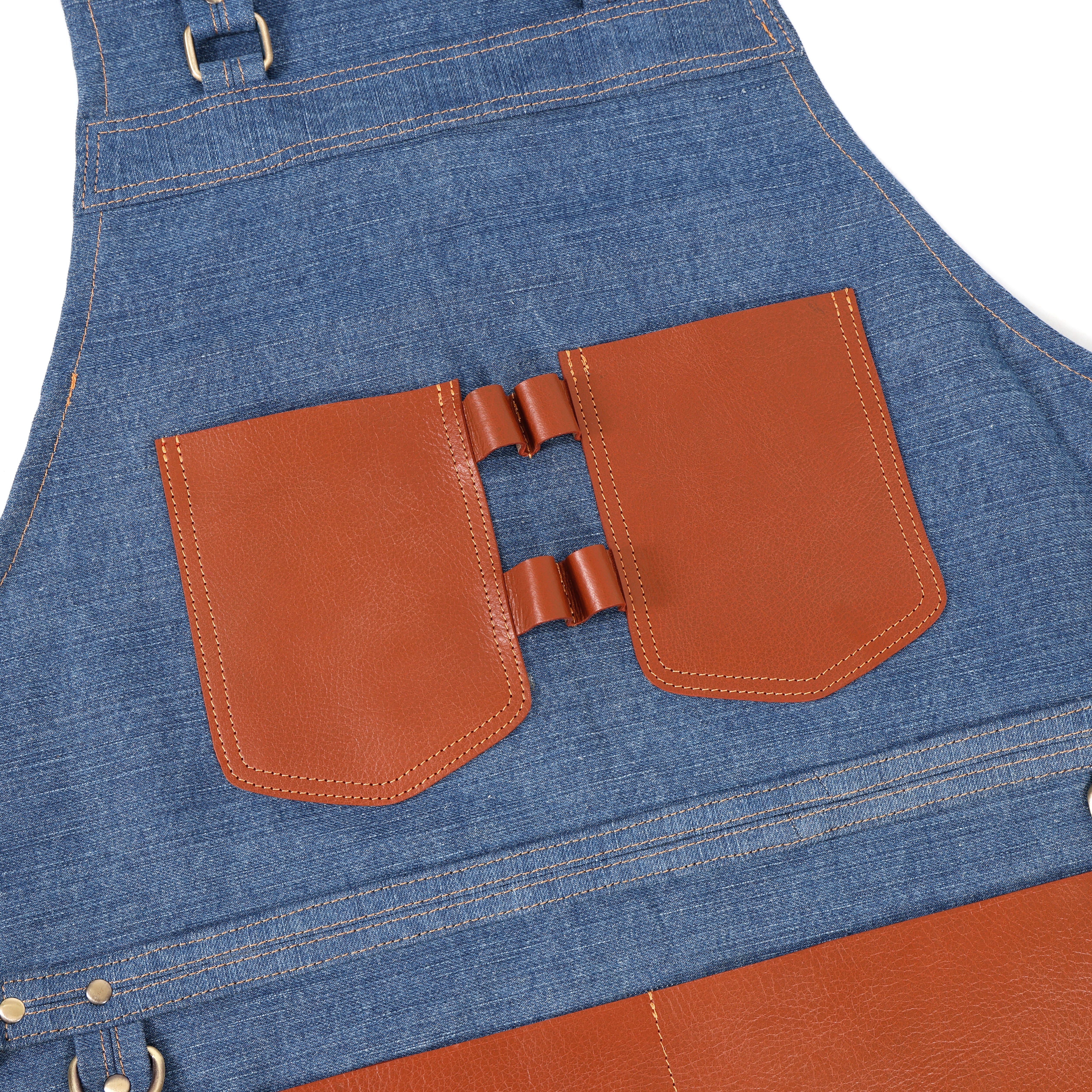 Premium Genuine Leather & Canvas Bib Apron – Tan & Blue with Removable Snap lock