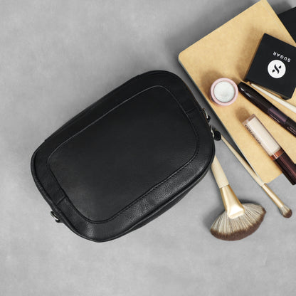 Premium Black Leather Compact Crossbody Bag with Adjustable Strap & Zip Compartments