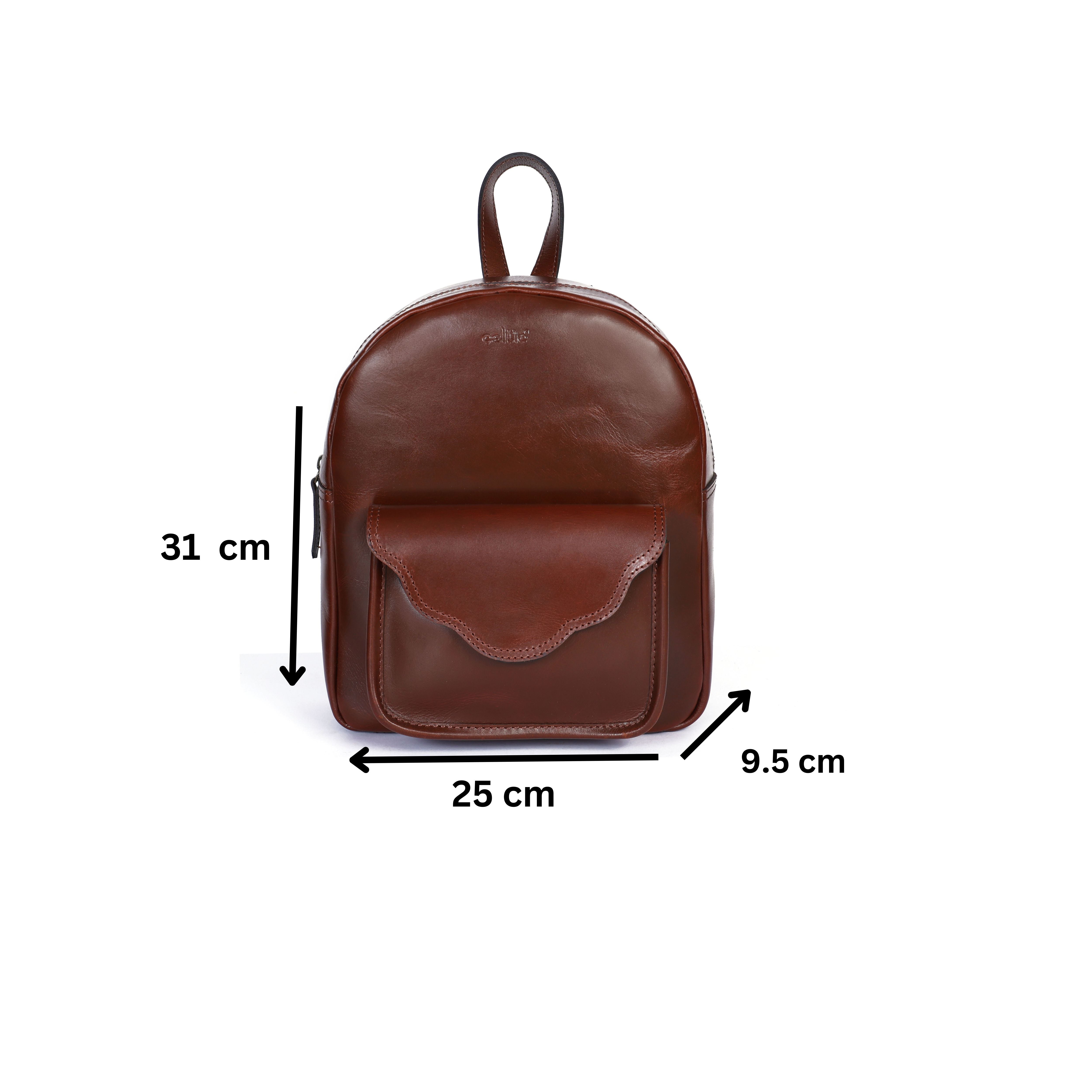 Genuine Leather Mini Backpack for Women with Front Pocket Classic Brown Daypack