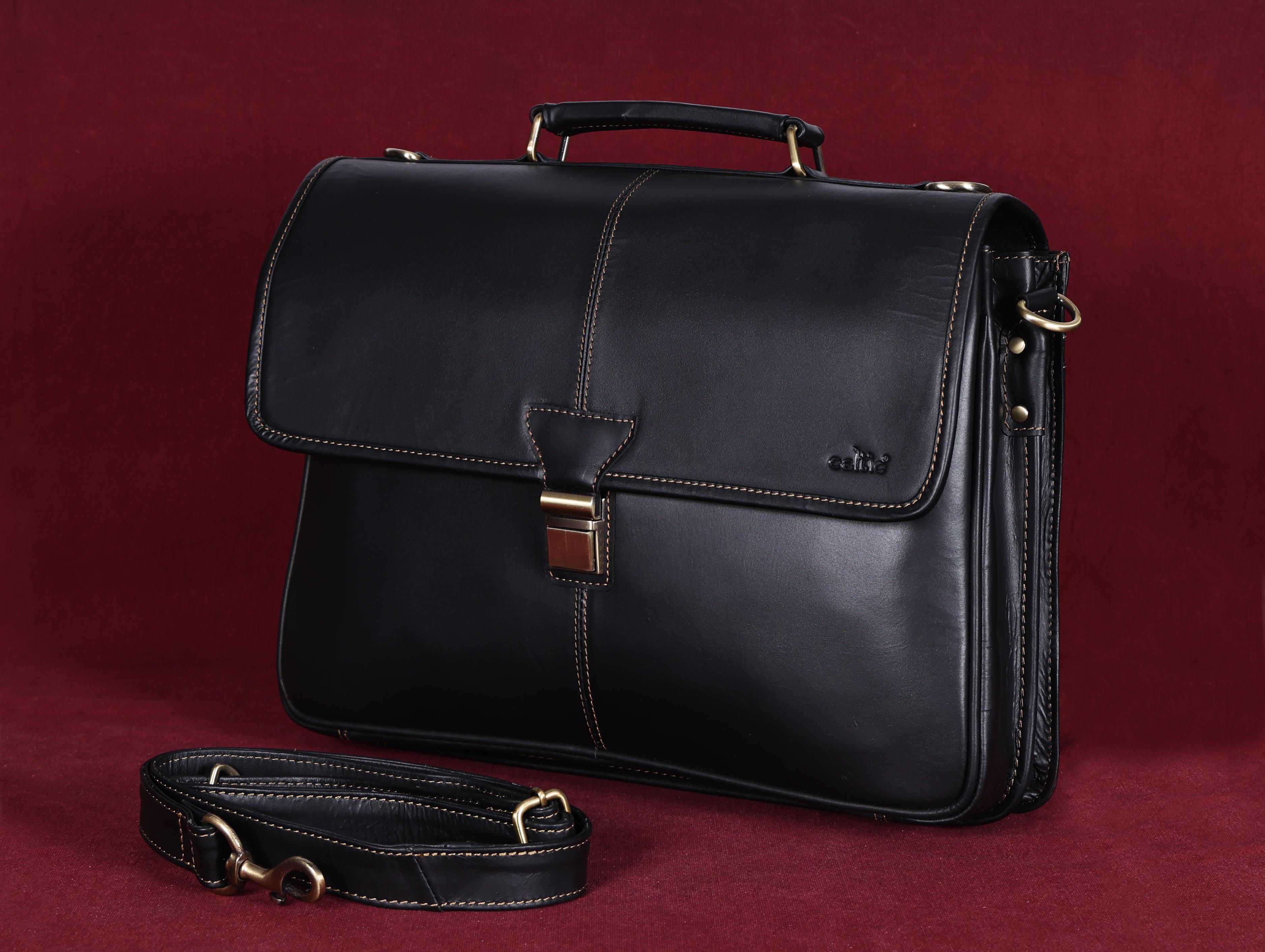 Premium Export Quality Black Leather Laptop Messenger Bag | Multi-Compartment Office Briefcase