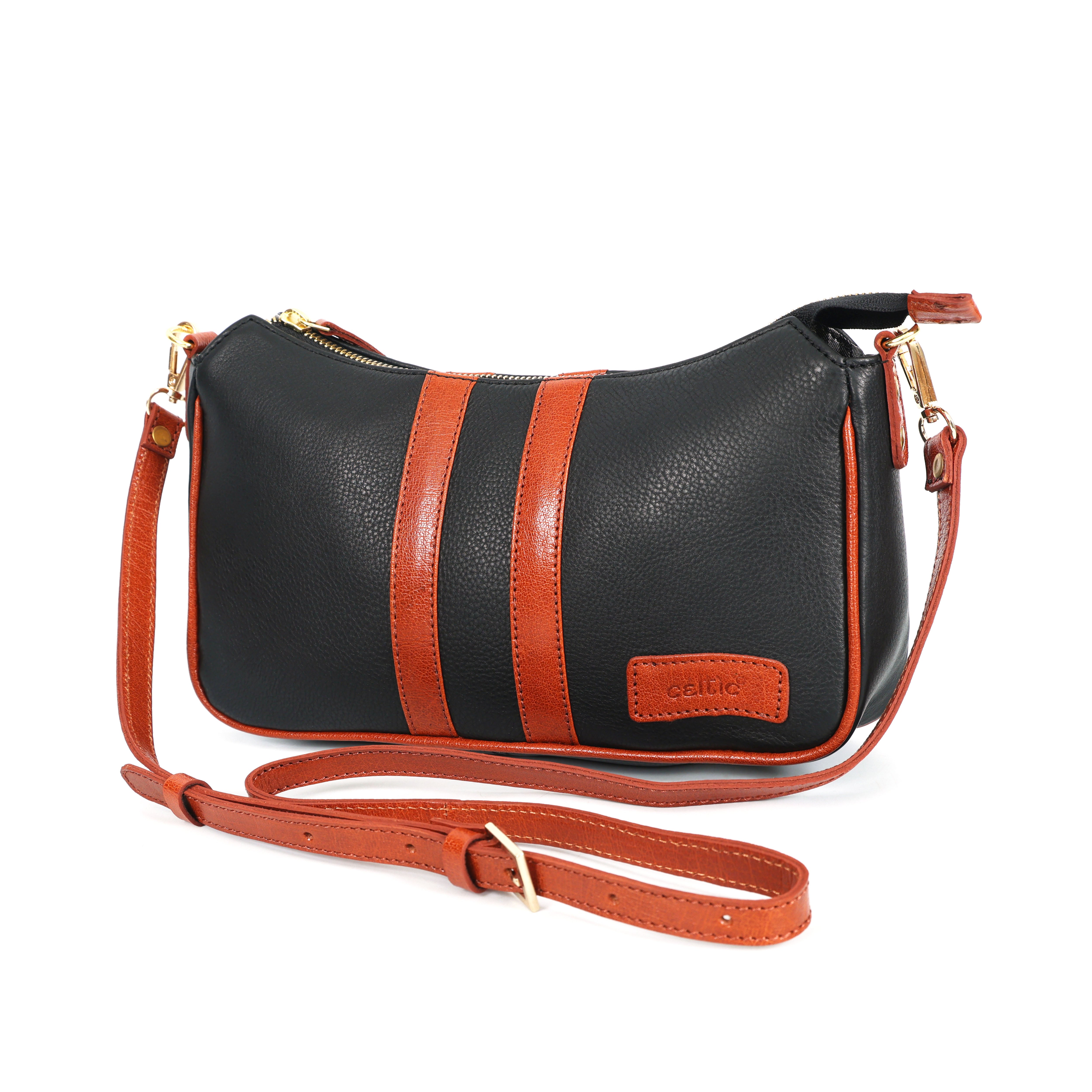 Black & Tan Leather Saddle Sling Bag  Compact Designer Crossbody