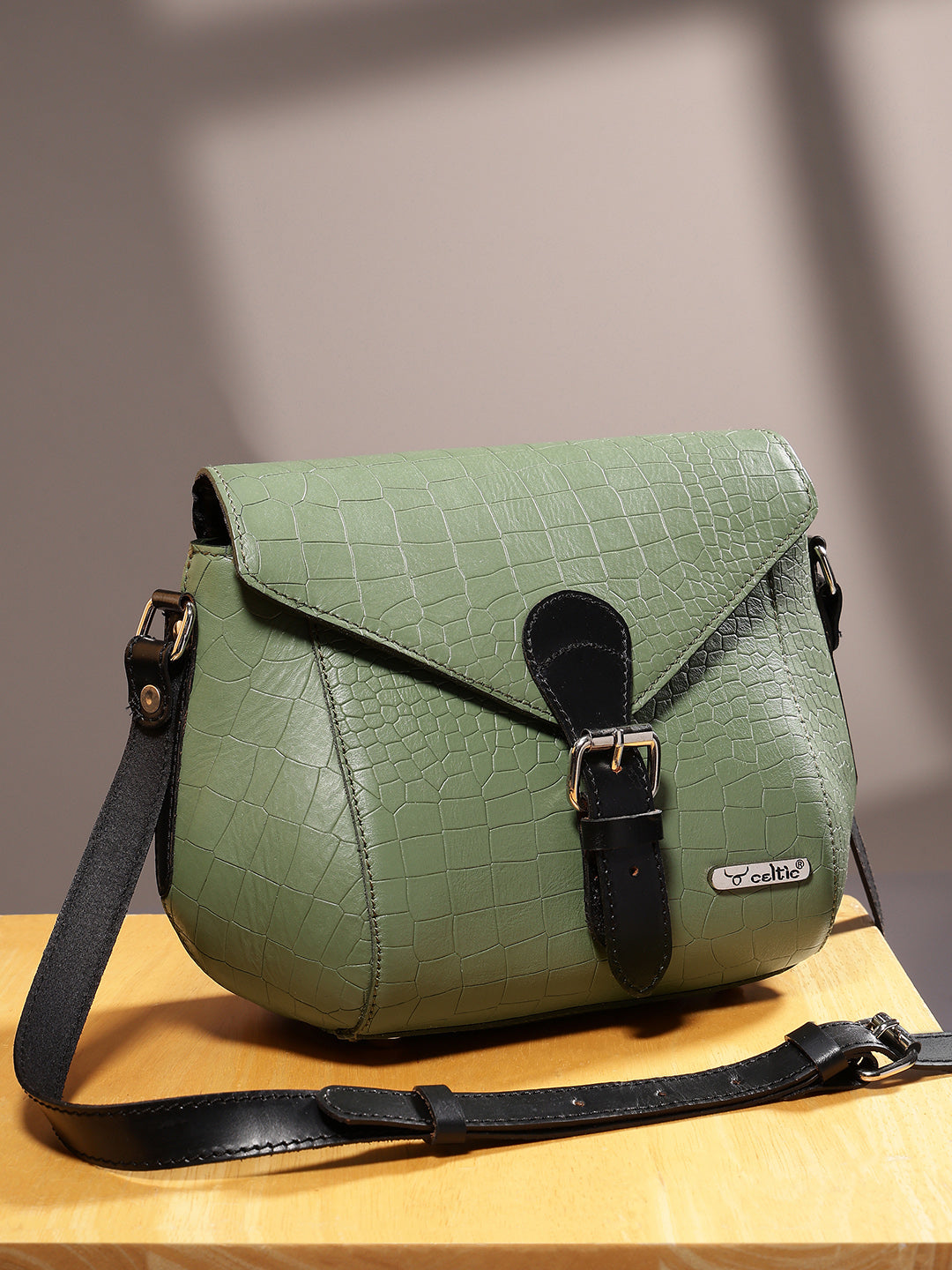 Premium Croc-Texture Structured SlingBag with Buckle Flap & Adjustable Strap