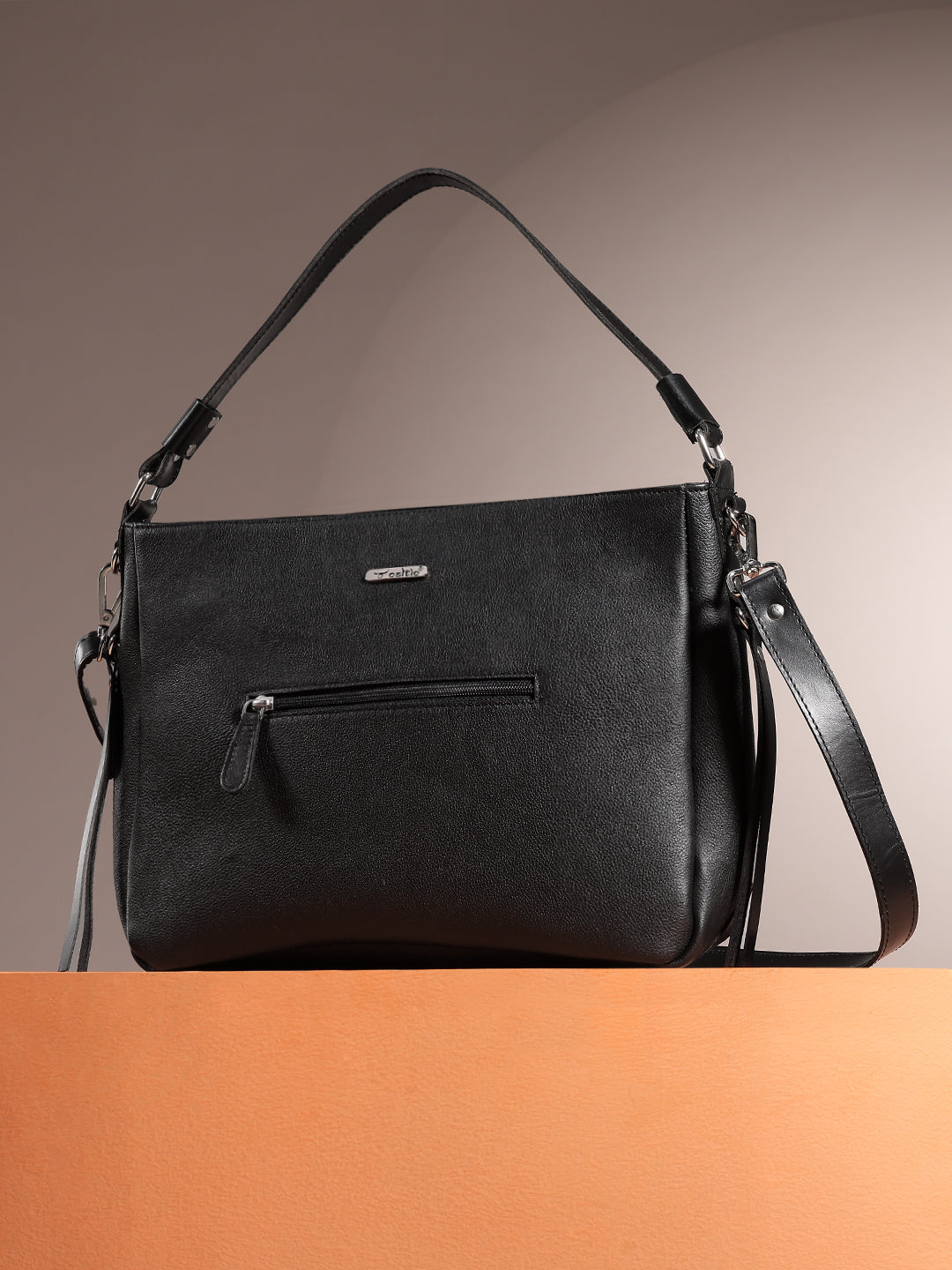 Premium Genuine Leather Black Shoulde tote  Bag with Minimal Silhouette and Zip Closure