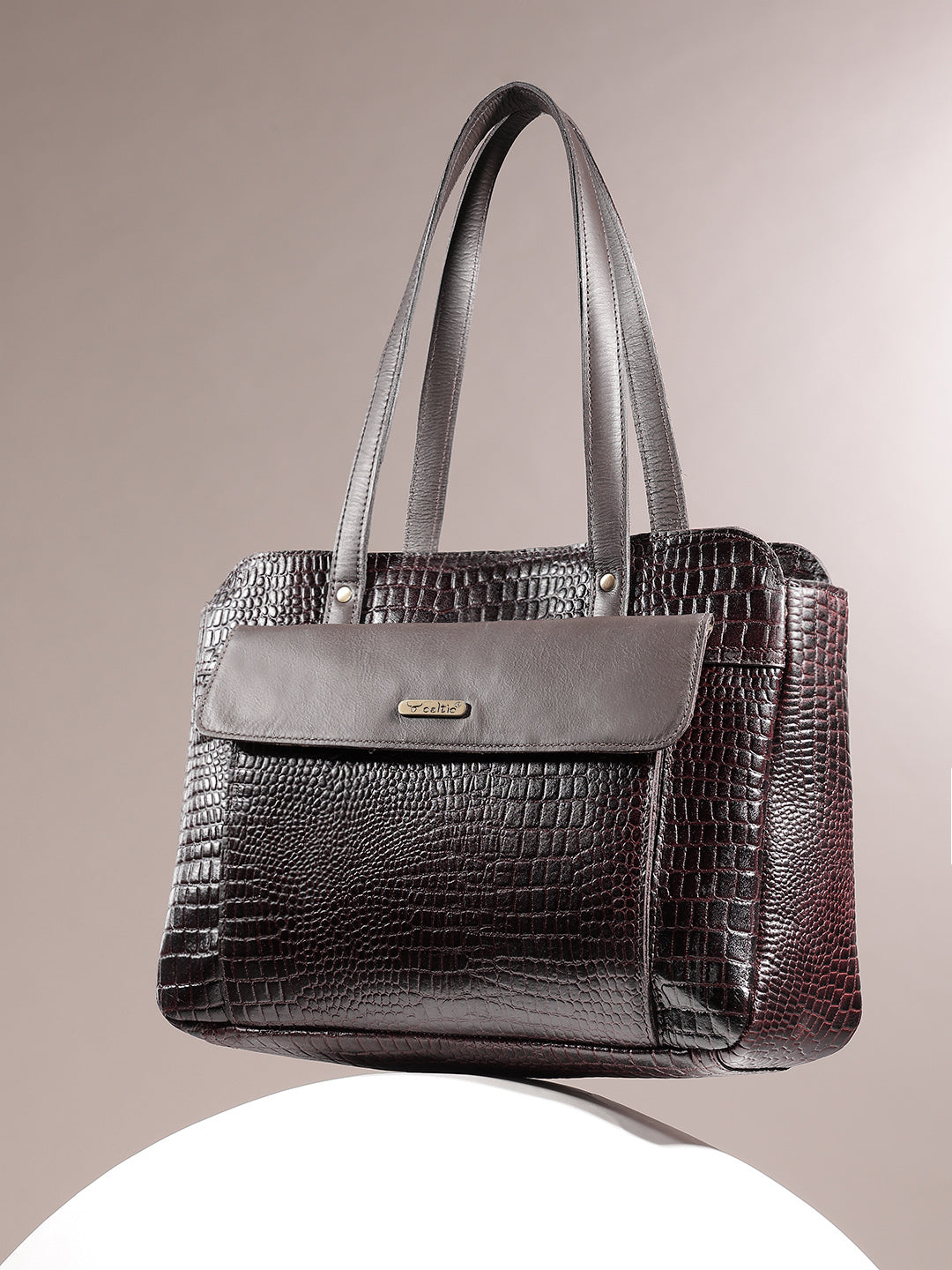Premium Genuine Croc-Embossed Leather Tote Bag with Zip Compartments & Long Shoulder Straps