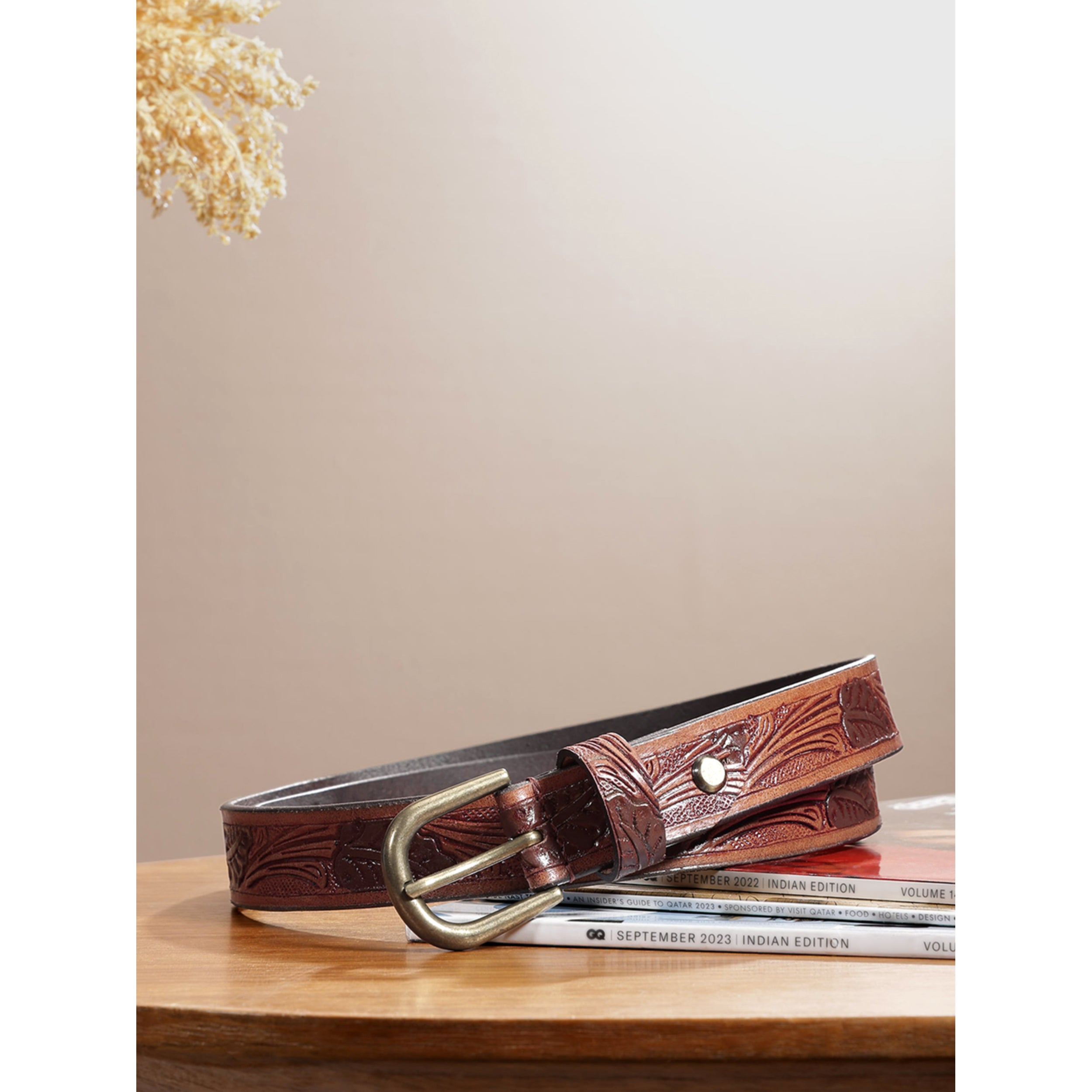 Premium Genuine Leather Tan Brown Embossed Western Floral Waistbelt Antique Brass Buckle
