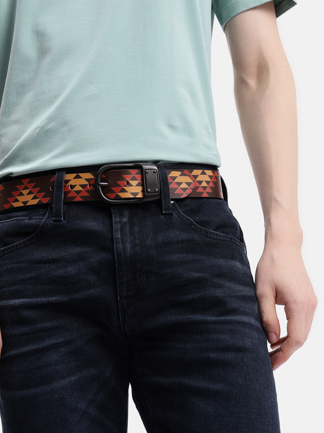 Unisex Geometric Tribal Print Leather Belt With Matte Black Buckle Stylish Casual Wear