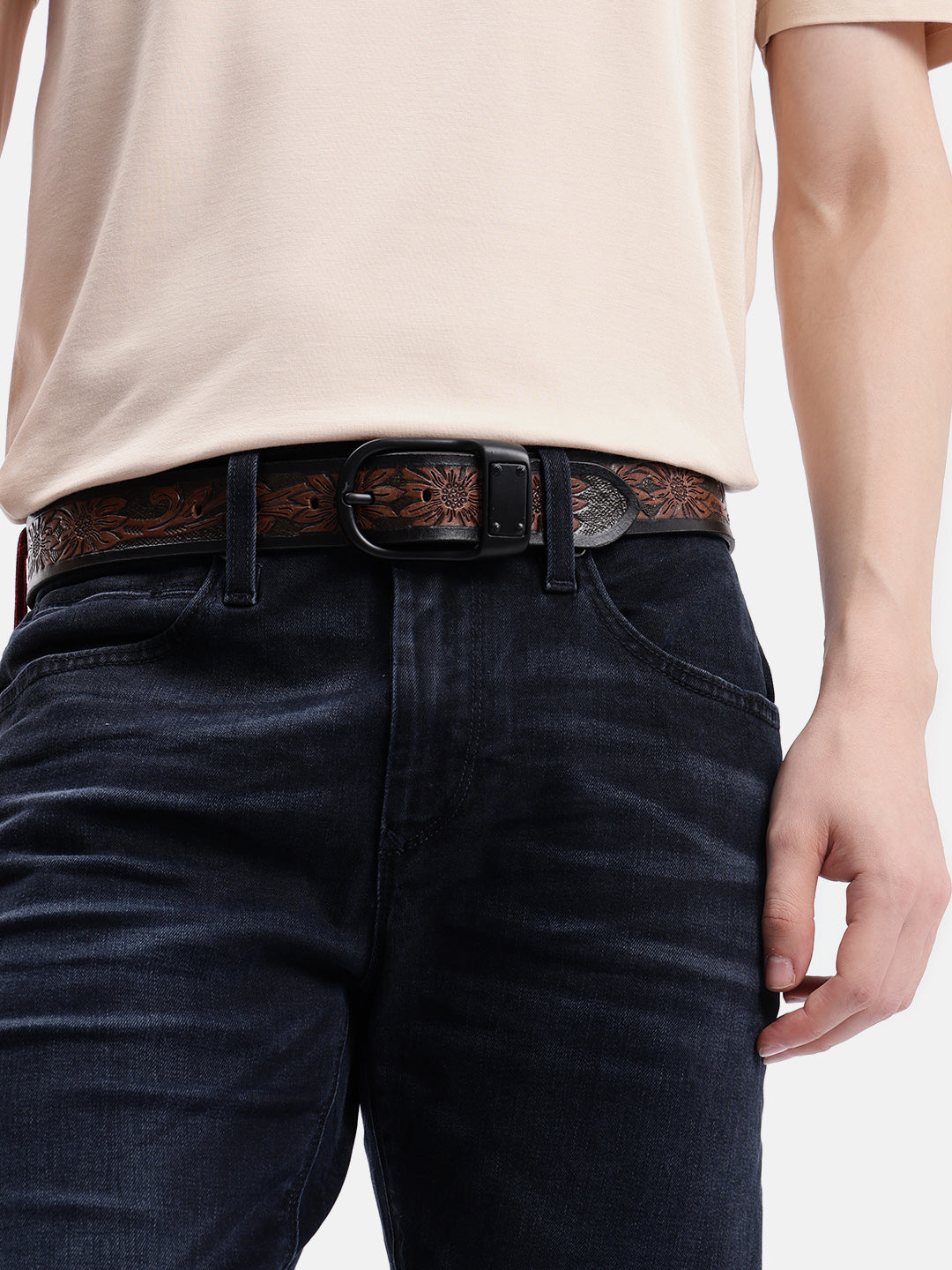 Premium Brown Embossed Leather Belt & Wallet Combo for Men | Vintage Floral Designer Gift Set