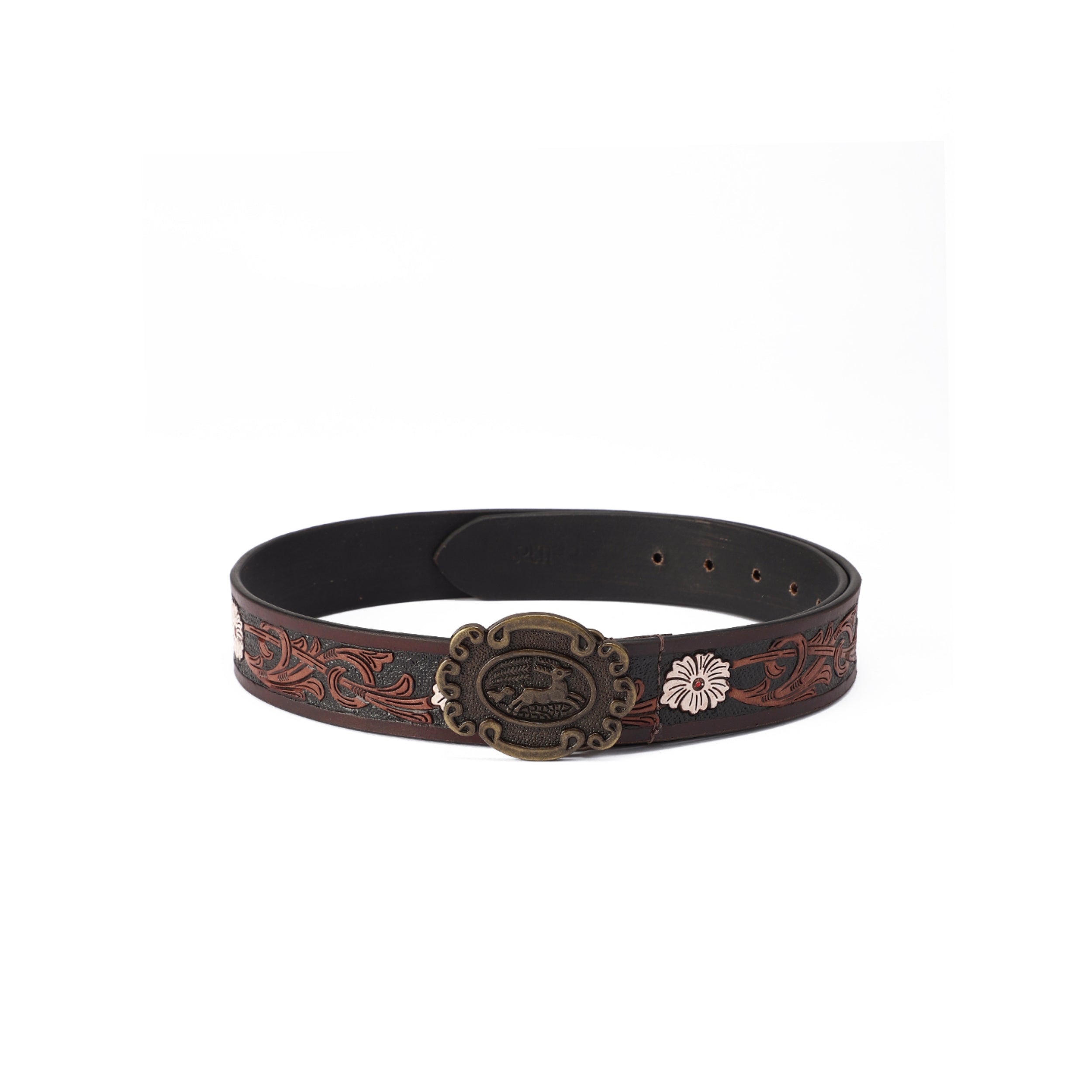 Unisex Genuine Leather Western Brown Embossed Floral Waist Accessory Antique Buckle