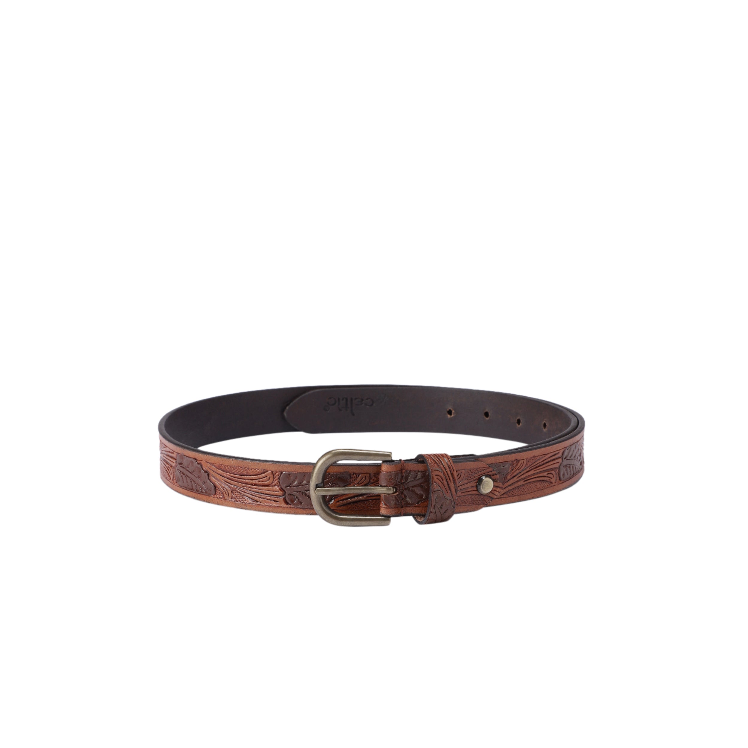 Premium Genuine Leather Tan Brown Embossed Western Floral Waistbelt Antique Brass Buckle