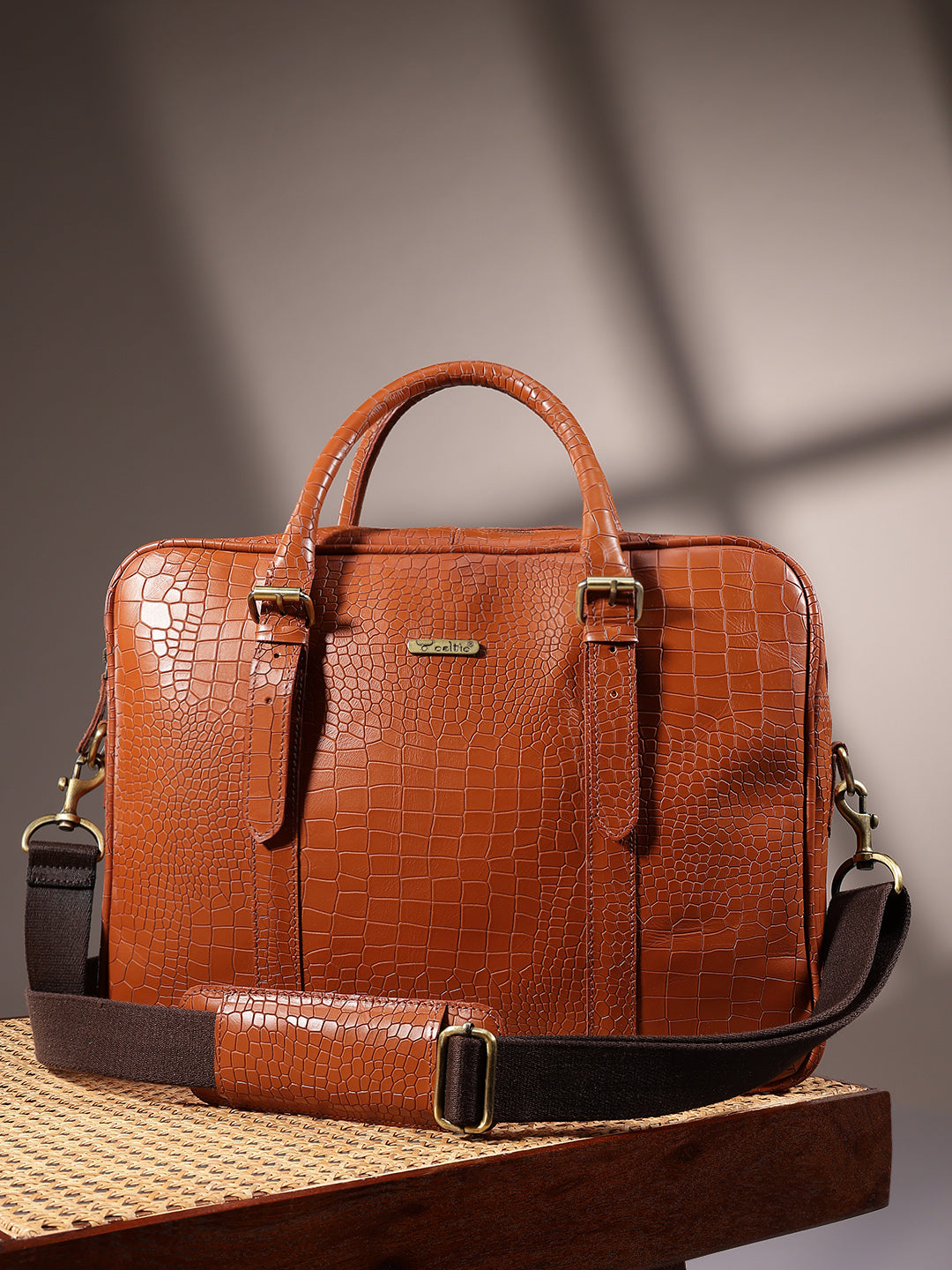 Premium Croc-Textured Black Leather Office Laptop Bag with Adjustable Shoulder Strap