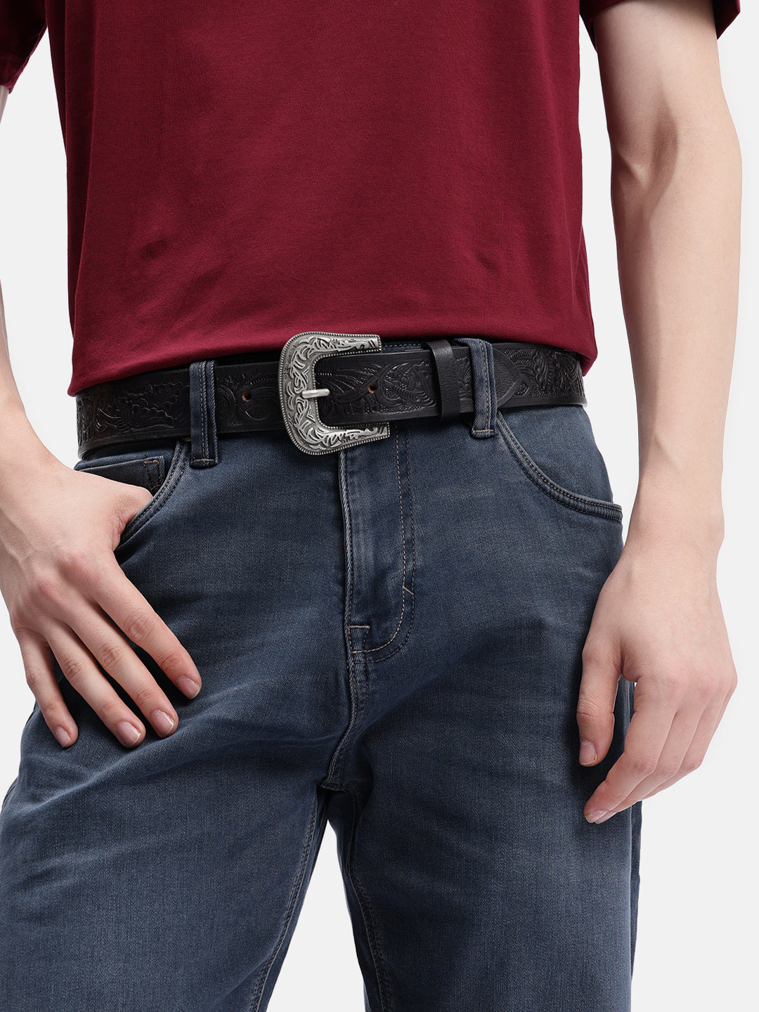 Unisex Genuine Leather Embossed Black Western Waist Accessory Silver Buckle